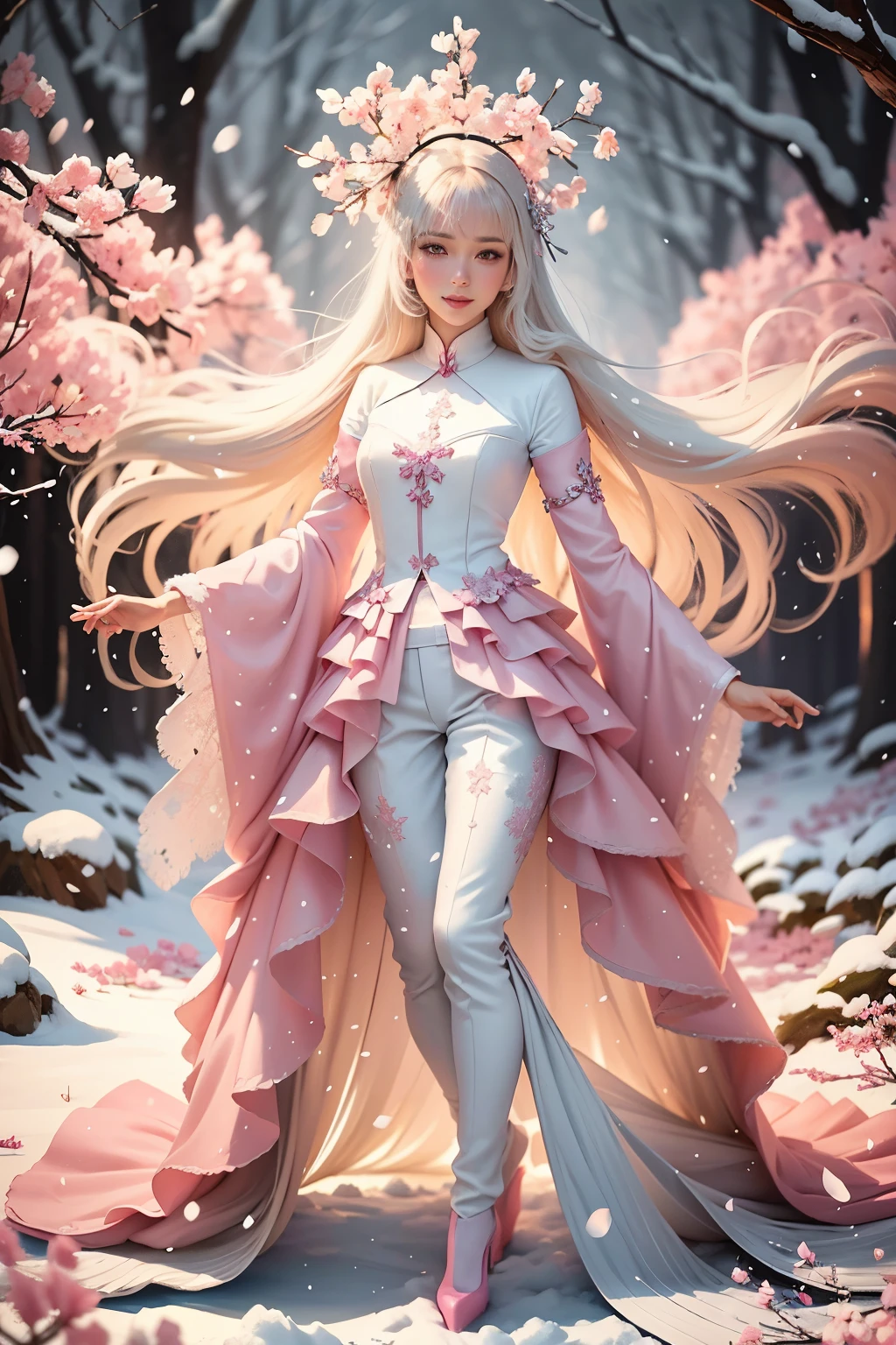 Snow flakes falling, snow flakes, winter snow, silver studded pearl pink high heal shoes, a digital illustration painting with soft pastels, a beautiful woman with long blonde hair in flow in a blue coat suit, grey long pants matching pink high heel boots, smiling, walking under the dense cherry trees, decorated, snowing sakura blossom flowing around, soft focus, silhouettes of trees framing the scenery, blue, black and pink colors blend gently, effect Bokeh background, very delicate, rim lighting, vivid, vibrant tones, und 8k