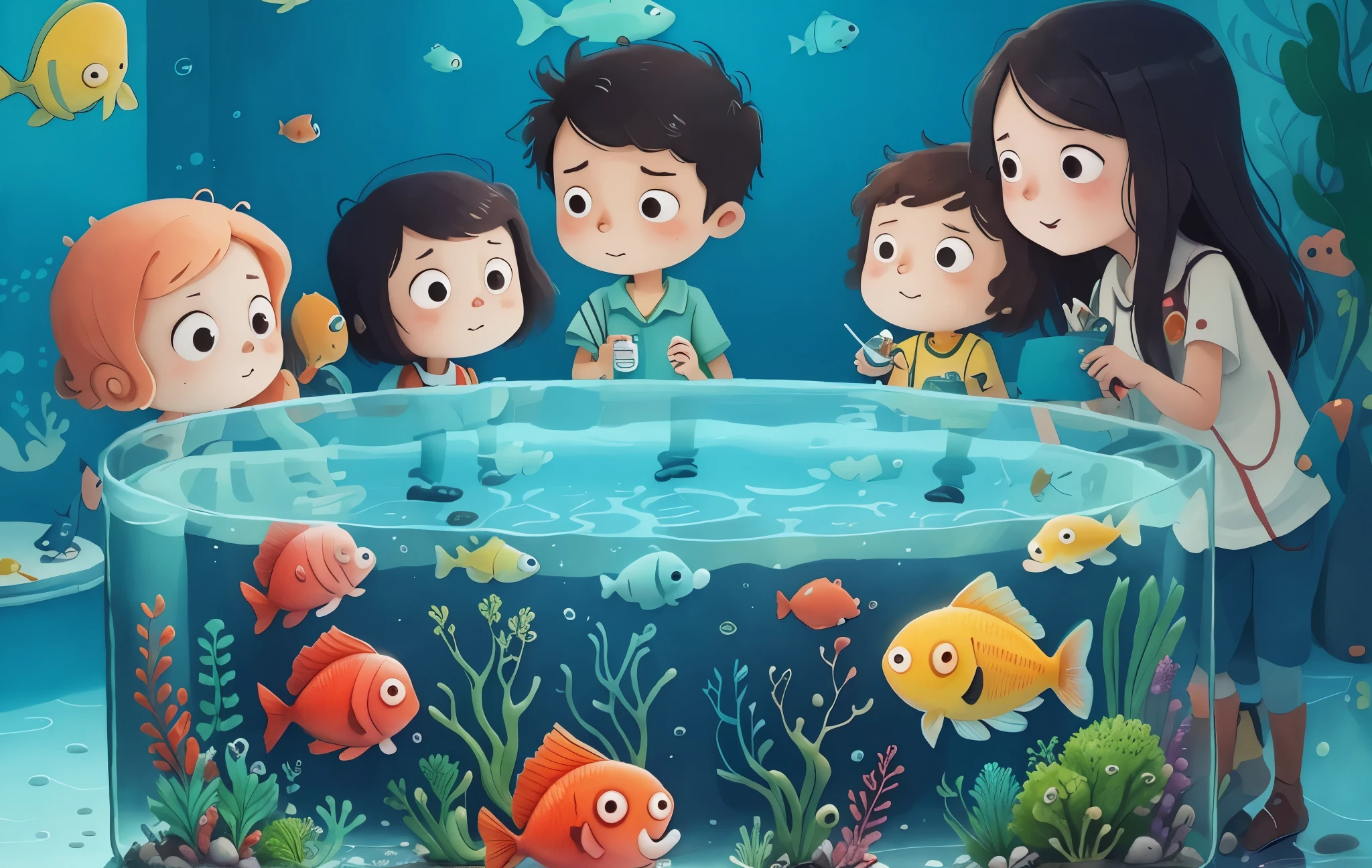 masterpiece,indoor,圆形Glassfish tank,fish tank,Glass,water surface,child,visit
