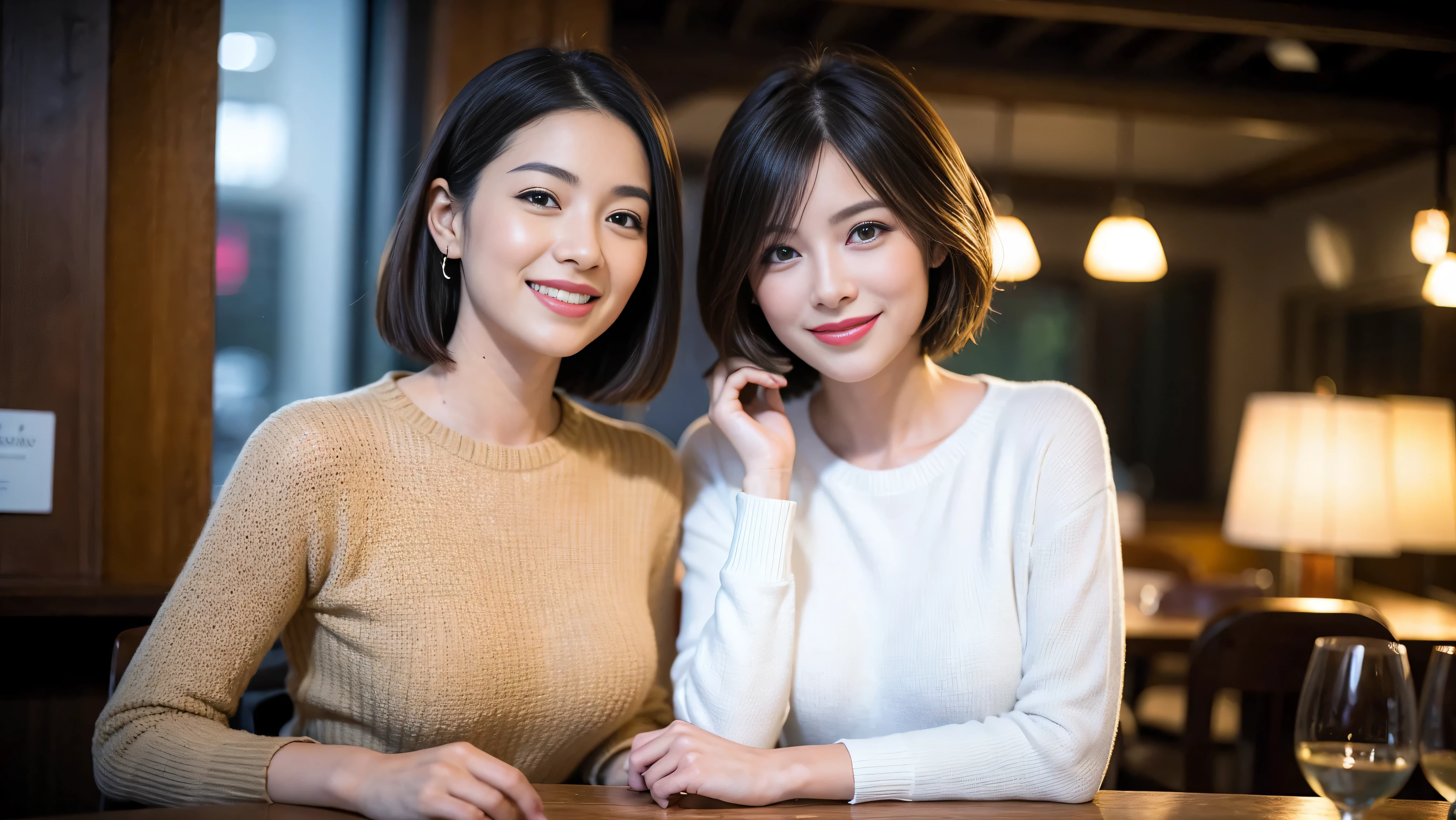 (including 64k、nffsw、highest quality、masterpiece:1.2)、(realistic、Photoreal:1.37)、Super detailed、White wine、red wine、wine glass、wine bottle、sparkling wine、while enjoying wine、mature woman、two beautiful women、(slim face)、(because I&#39;thin)、（brown hair）、(shortcut)、Latino、smileのフランス人女性、happy italian girl、british woman、Americana、cheeks are a little red、(38 years)、42 years old、35 years old、red wine、窓の外には美しく緻密なnight景が広がります.......、restaurant、目立つ場所にあるwine glass、night、(from the waist up)、sit on top、date、(laughter:1.15)、thin and beautiful eyes、cashmere sweater、long sleeve dress、Japanese、(short hair:1.2)、Float NovaFrogStyle、、modeled、from the waist up、White wine、turned into slime、wine glass、超綺麗なnight景、wine glassを真ん中に置きます、smile、(8k、RAW photo、highest quality、masterpiece:1.2)、(realistic、Photoreal:1.37)、Super detailed、ultra high resolution、2 females、see the beholder、beautiful and detailed face、laughter、narrow、(slim waist) :1.3)、knit shirt、Fine and beautiful skin、skin texture、floating hair、professional light needle breast、kind eyes