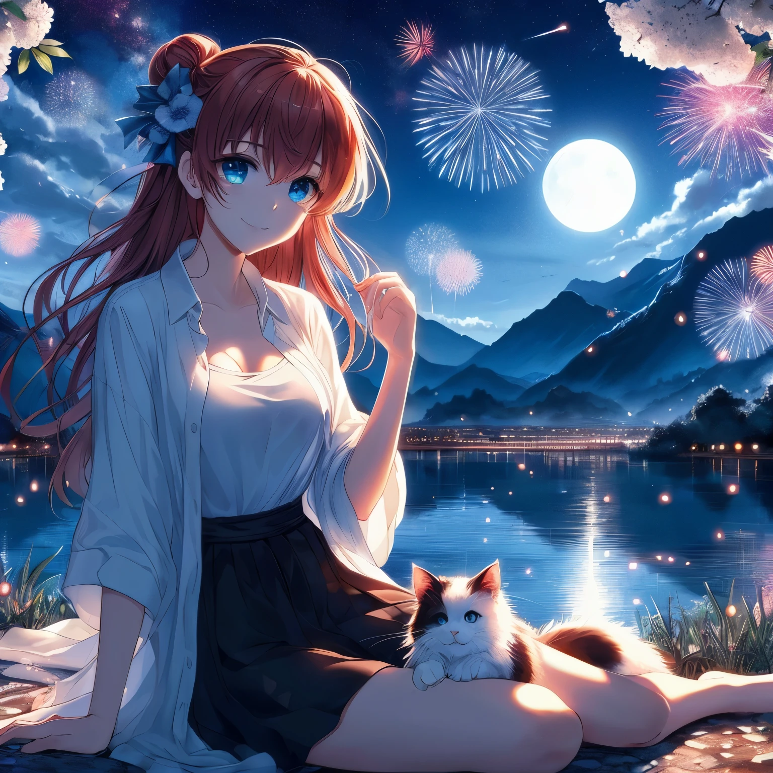 Anime girl and a cat sitting on the ground near the water, anime style 4k, 4kanime wallpaper, anime wallpaper4k, anime wallpaper4K, Anime Art Wallpaper 4k, anime art wallpaper 4k, anime art wallpaper 8k, Beautiful anime Catwoman, Beautiful anime style, anime wallpaper, 4k comic wallpaper, hd anime wallpaper