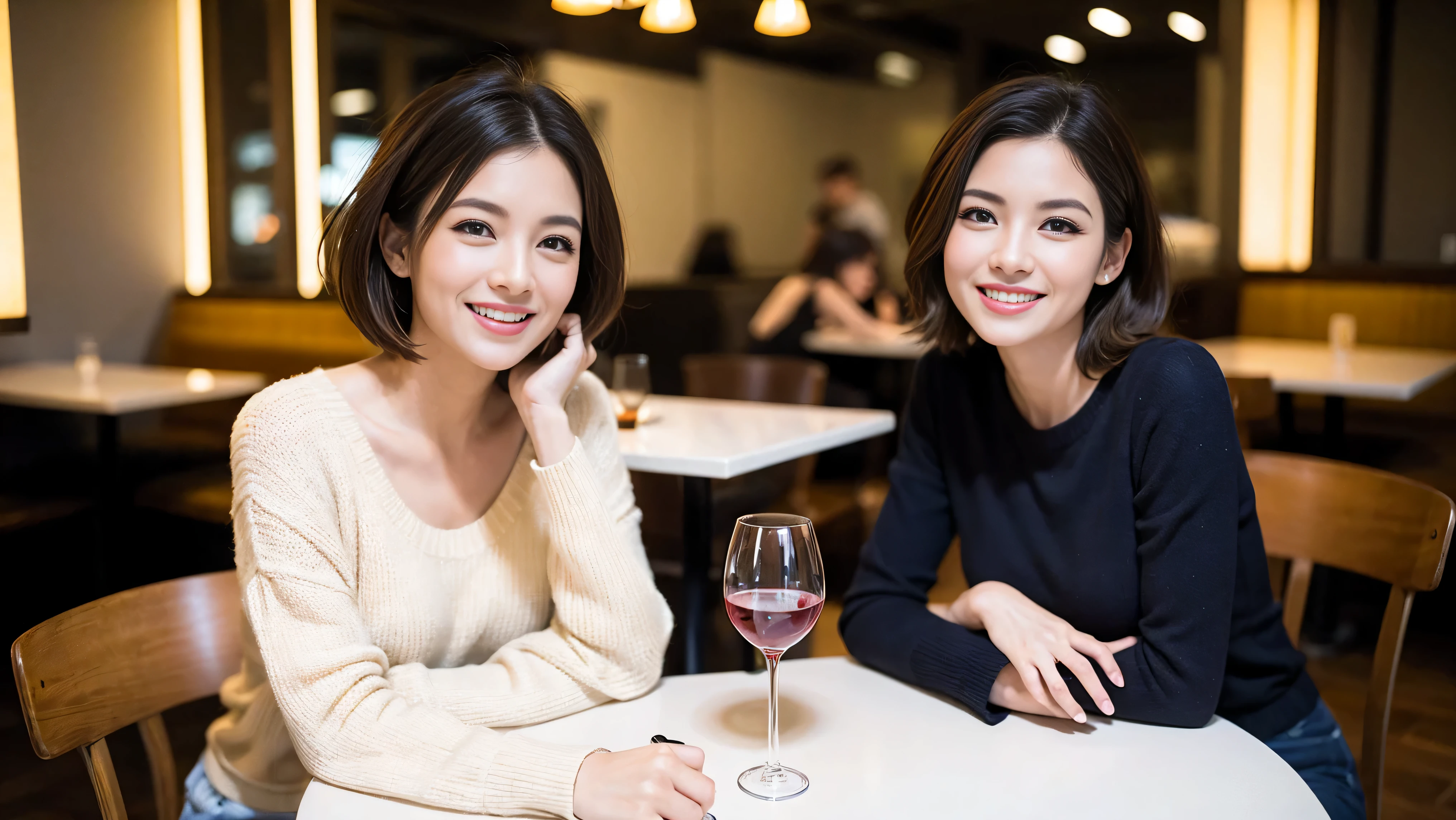 (including 64k、nffsw、highest quality、masterpiece:1.2)、(realistic、Photoreal:1.37)、Super detailed、White wine、red wine、wine glass、wine bottle、sparkling wine、while enjoying wine、mature woman、two beautiful women、(slim face)、(because I'thin)、(brown hair)、(shortcut)、Latino、smileのフランス人女性、happy italian girl、british woman、Americana、cheeks are a little red、(38 years)、42 years old、35 years old、red wine、窓の外には美しく緻密なnight景が広がります.......、restaurant、目立つ場所にあるwine glass、night、(from the waist up)、sit on top、date、(laughter:1.15)、thin and beautiful eyes、cashmere sweater、long sleeve dress、Japanese、(short hair:1.2)、Float NovaFrogStyle、、modeled、from the waist up、White wine、turned into slime、wine glass、超綺麗なnight景、wine glassを真ん中に置きます、smile、(8k、RAW photo、highest quality、masterpiece:1.2)、(realistic、Photoreal:1.37)、Super detailed、ultra high resolution、2 females、see the beholder、beautiful and detailed face、laughter、narrow、(slim waist) :1.3)、knit shirt、Fine and beautiful skin、skin texture、floating hair、professional light needle breast、kind eyes