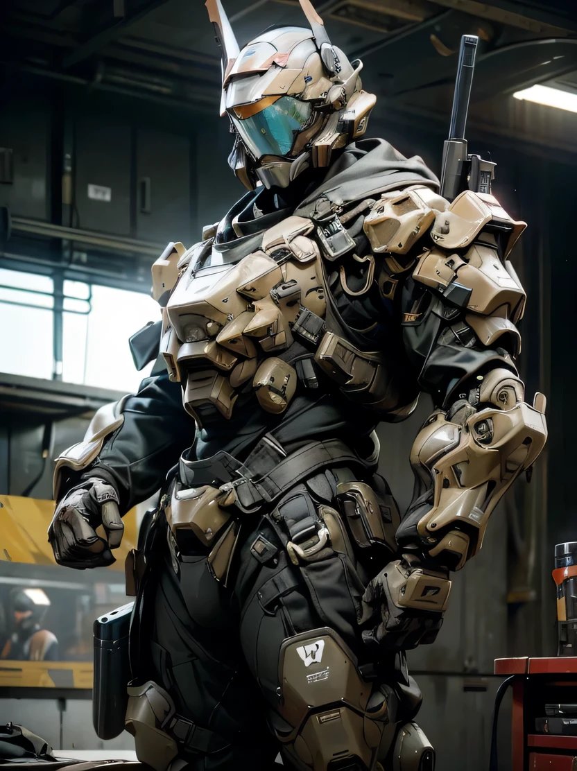 ((masterpiece、highest quality、Super detailed、High resolution、realistic、sharp focus、cinematic lighting))、supple physique、bust shot、ハstomachコントラスト、military black reinforced armor suit、intricate details、軍用フルフェstomachスヘルメット、フルフェstomachスゴーグル、black combat goggles、full armor、フルフェstomachスアーマー、Detailed depiction of hands、looking at the viewer、look forward、ラstomachフルで、photograph、combat equipment、Backpack、ダstomachナミックなアクション、The background is a desert at midday.、Remains、(stomach)、hello edge_armor、3DMM