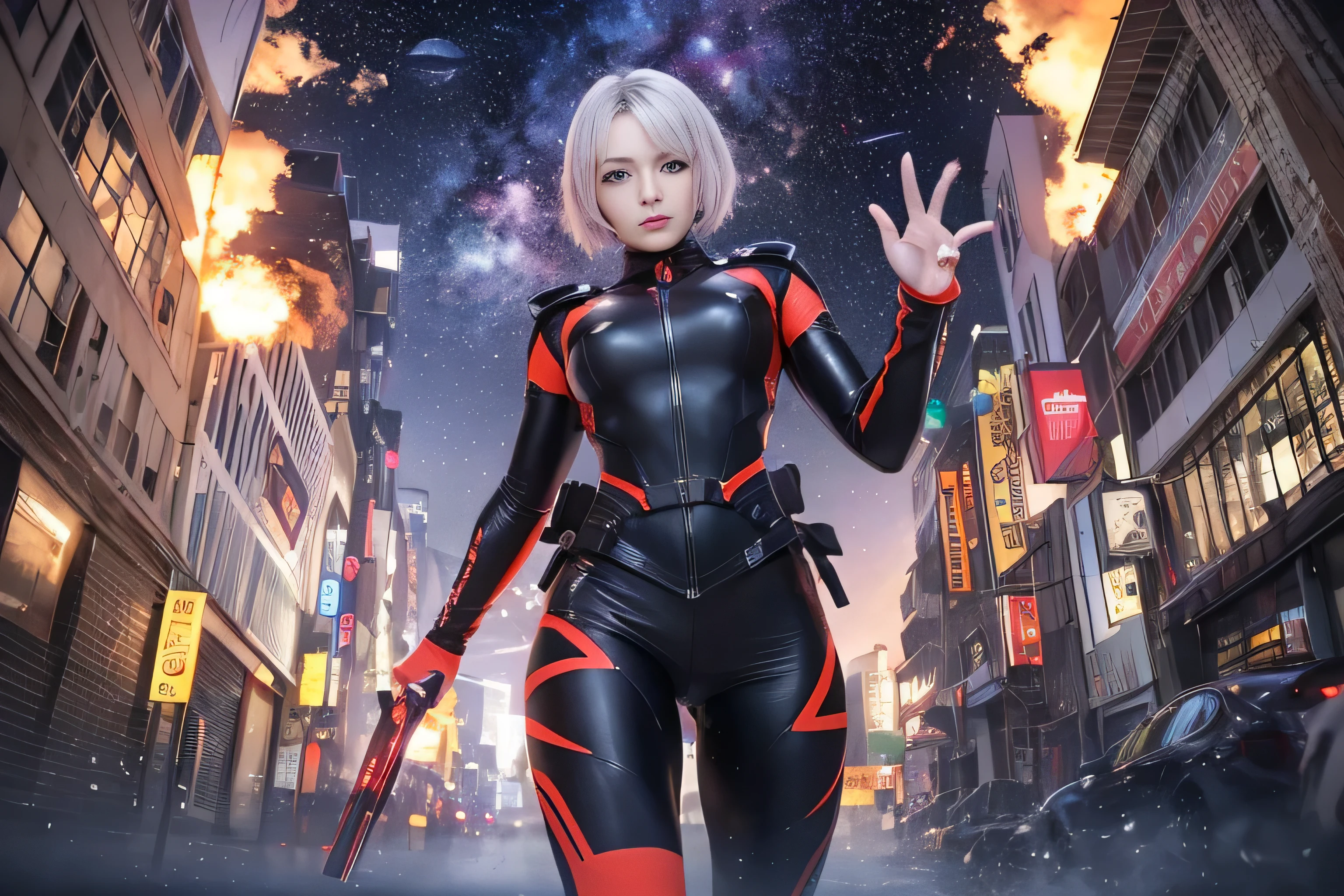 RAW image quality, best image quality, movie lighting, octane rendering, super sharp, 1 girl, Japanese, 16 years old, troubled face, glowing skin, fugitive, (running figure:1.4), silver hair, short bob hair, Full body white pilot suit:1.3, cyber punk, Night sky with countless stars shining, shining milky way, rain:1.3, Remains, laser beam attack, big explosion:1.3, pillar of fire:1.2, A city engulfed in flames, wet hair:1.5, wet skin:1.5, puddle, fine eyes, Fine skin texture, camel toe, Detailed CG image quality, 8mm fisheye lens, Angle looking up from below:1.2, (whole body angle), Full body soaked, fast shutter speed,