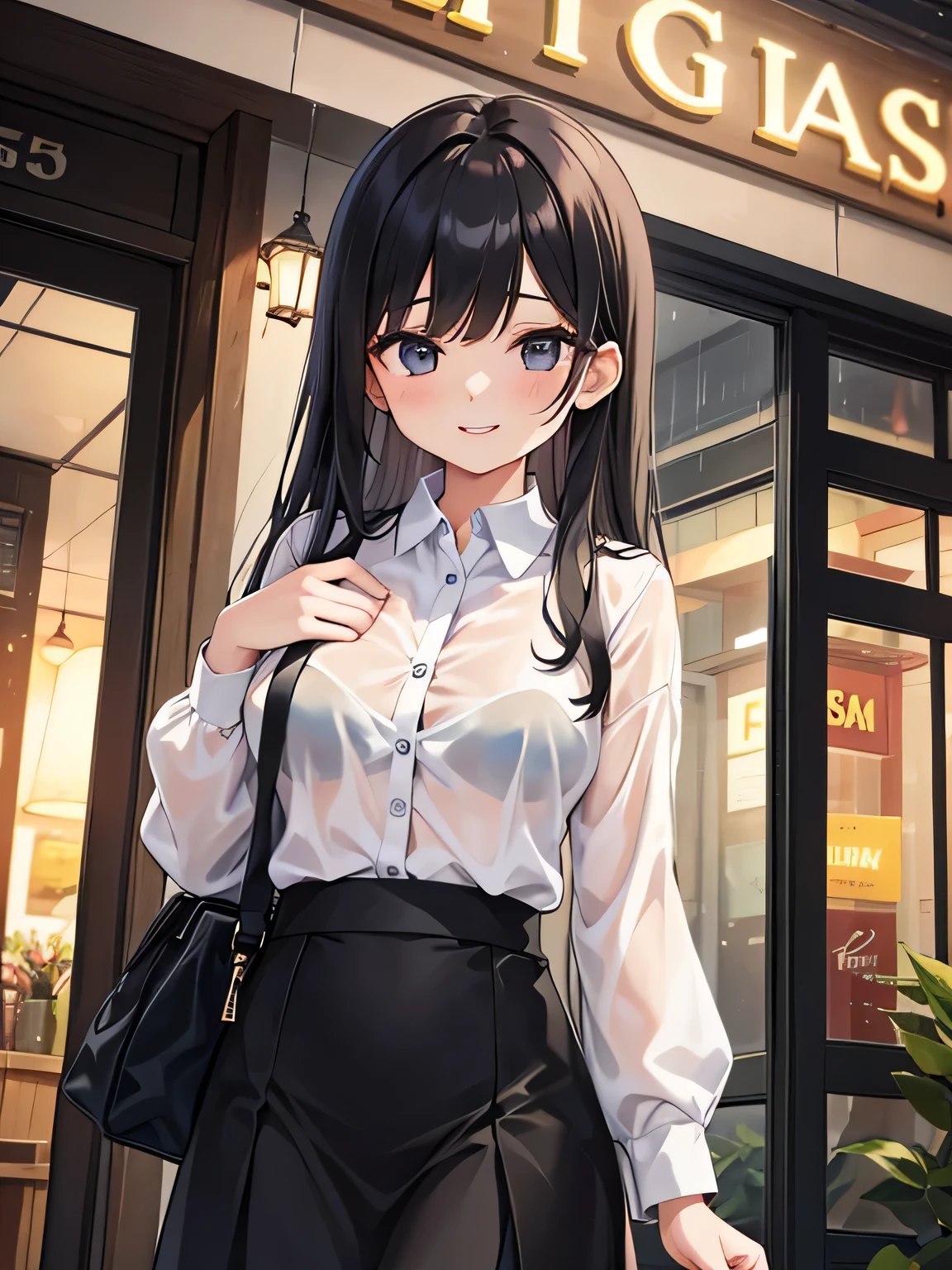 (1) A woman takes shelter from the rain in front of a store., But the cutter shirt is wet and the white bra is clearly transparent..
(2) She is wearing a white cutter shirt and a black long skirt.
(3) she has long black hair.
(4) she has a provocative personality, a smiling expression on her face.
(5) She is 26 years old and looks mature..
(6) The location is outside the bar area on a rainy night.