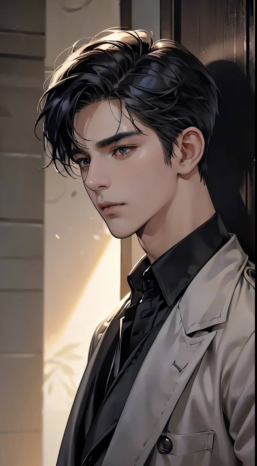(best quality, masterpiece, 8 thousand, realistic, cinematic lighting, 1:4 HDR images, very detailed, beautiful photoature man, very handsome, ((cold expression)), black short hair, black eye, A perfect face without any mistakes, ((Buttoning my jacket, chief executive))