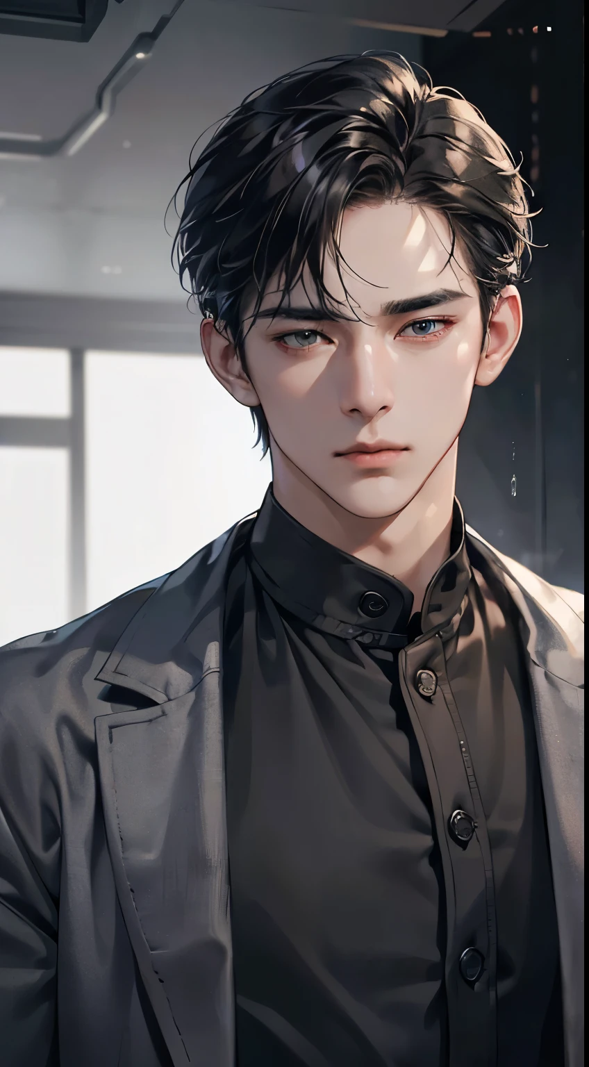 (best quality, masterpiece, 8 thousand, realistic, cinematic lighting, 1:4 HDR images, very detailed, beautiful photoature man, very handsome, ((cold expression)), black short hair, black eye, A perfect face without any mistakes, ((Buttoning my jacket, chief executive))