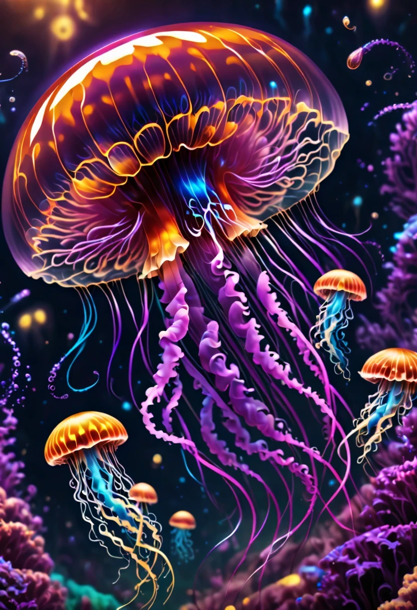 jellyfish，jellyfish，Detailed and authentic artwork，描绘了一只可爱精致的生物机械风格的jellyfish. every detail, From complex transparent casings to sophisticated internal mechanical components, Captured with extreme precision. Textures are very realistic，You can almost feel the smooth surface of its carapace，intricate patterns on joints. Lighting is carefully designed，Enhance visual effects