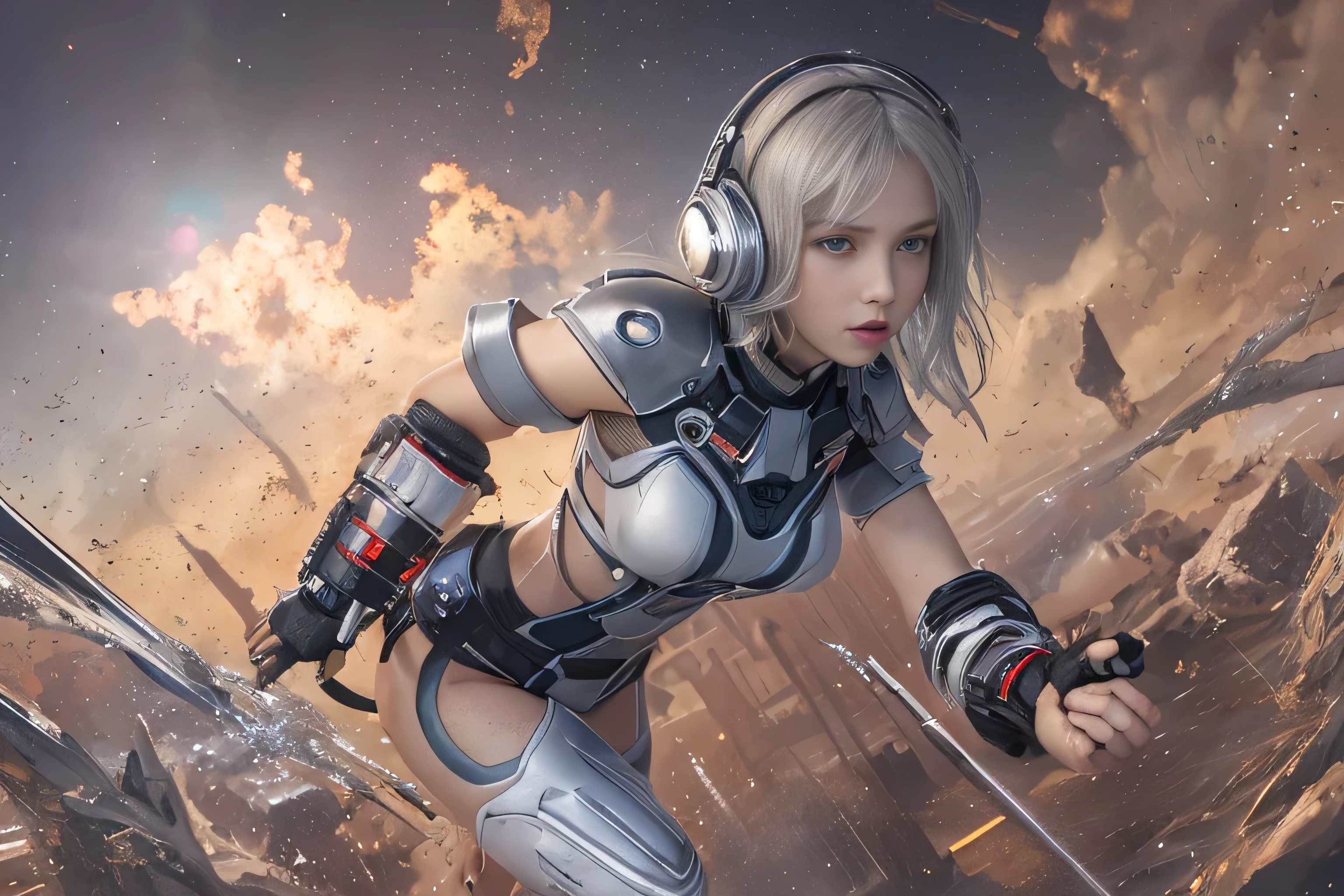 RAW image quality, best image quality, movie lighting, octane rendering, super sharp, 1 girl, Japanese, 16 years old, troubled face, glowing skin, fugitive, (running figure:1.4), silver hair, short bob hair, Full body white pilot suit:1.3, cyber punk, Night sky with countless stars shining, shining milky way, rain:1.3, Remains, laser beam attack, big explosion:1.3, pillar of fire:1.2, A city engulfed in flames, wet hair:1.5, wet skin:1.5, puddle, fine eyes, Fine skin texture, camel toe, Detailed CG image quality, 8mm fisheye lens, Angle looking up from below:1.2, (whole body angle), Full body soaked, fast shutter speed,