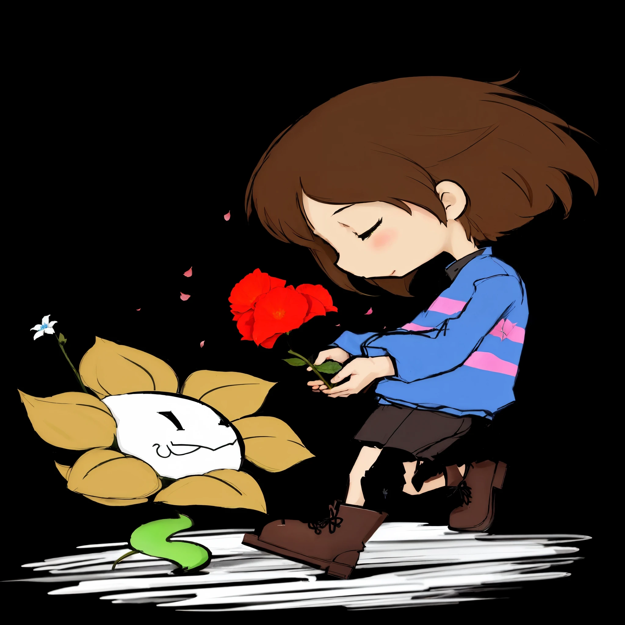 一个男孩holding a flower和一只猫的卡通片, undertale, Elegant, cytus and deemo styles, Fan painting”, High quality fan art, pick a flower, 🍁 Lovely, sans undertale, for real, holding magic flower, official art, By Prue, Wow wow wow, Asriel Dremul, holding a flower, artistic, Official fan art