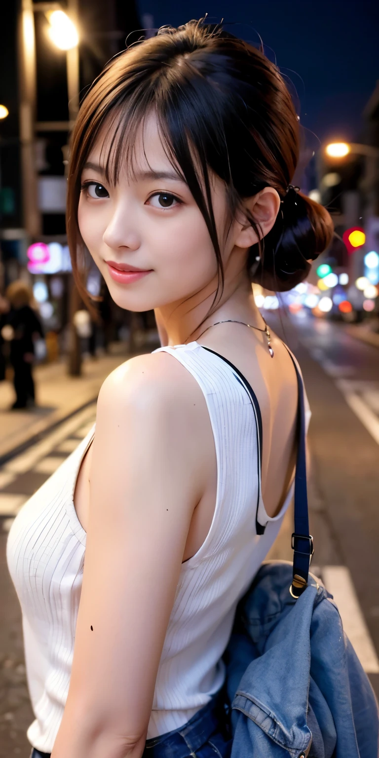 1 girl, tokyo street,night, cityscape,city lights,Upper body,close,smile,, (8k, RAW photo, highest quality, masterpiece:1.2),(realistic, photo-realistic:1.37),