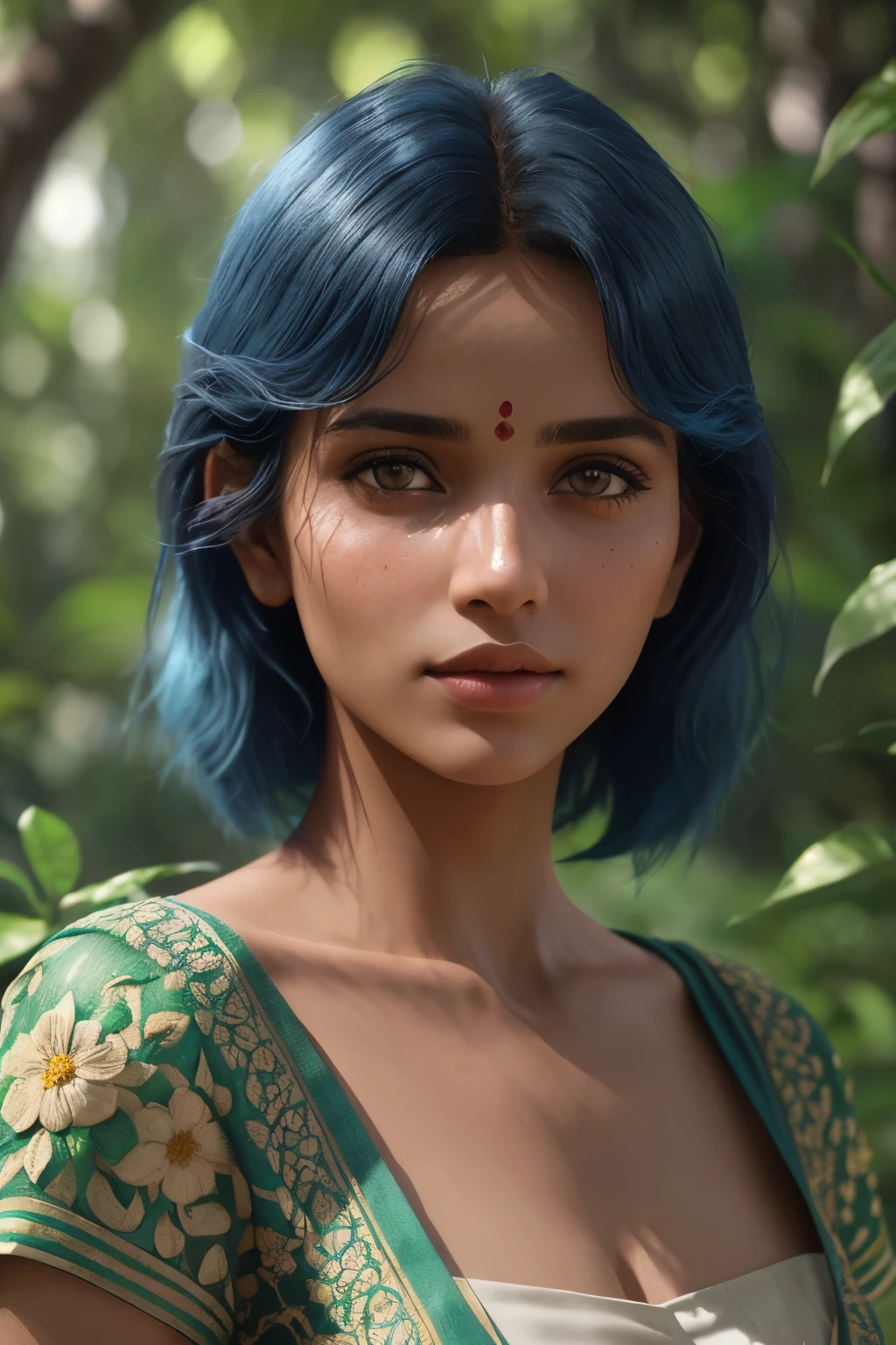 fashion photography portrait of Indian girl with blue hair, In a jungle full of flowers, 3D rendering, CGI, symmetrical, octane rendering, 35mm, Bokeh, (intricate details:1.12), HDR, (intricate details, hyperbe familiar with:1.15), (natural skin texture, hyper realism, soft light, sharp:1.2), be familiar with, sunlight filtering through the trees, India