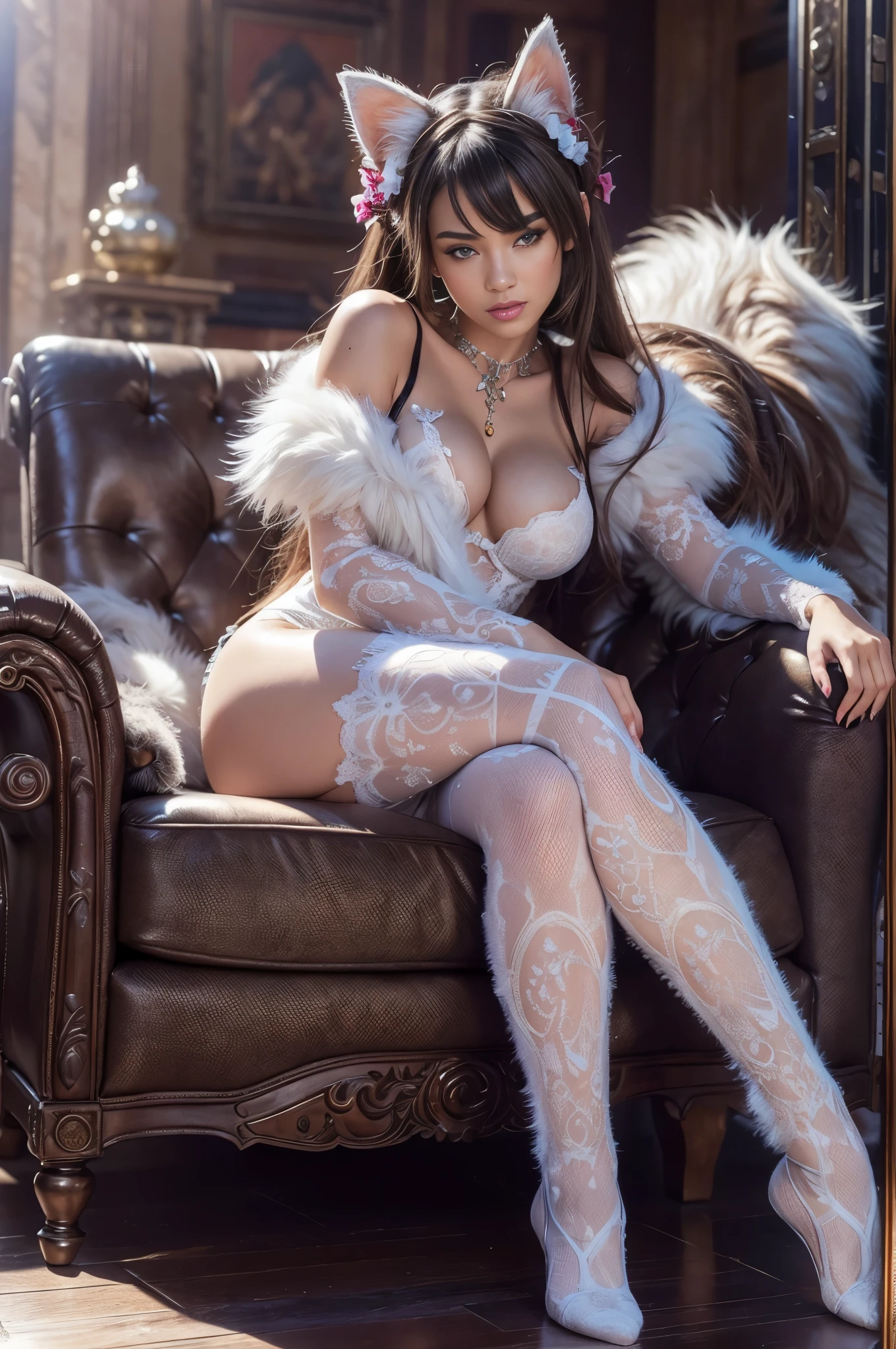 (Masterpiece, best quality, HDR, realistic, hyper detailed, cinematic, perfect perspective, ray tracing, realistic photo, realistic photography), full body, realistic proportions, realistic anatomy, realistic woman, beautiful cat girl, she has fluffy cat ears, (((she has a fluffy cat tail))), dark skin, sensual pose, seductive expression, perfect body, perfect face, perfect legs, perfect hands, perfect fingers, perfect eyes, wearing elegant fur lingerie