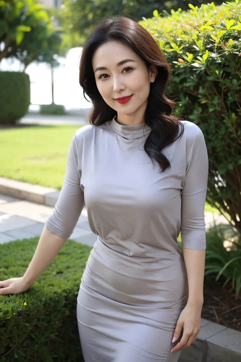 Draw lips correctly, red lipstick, from chest up, best quality, Super detailed, lifelike, Super fine skin, perfect anatomy, (1 日本Mature的女人), (alone),Wearing a gray crew neck sweater dress,short sleeve,wavy long hair,40 year old female,Mature,charming smile,garden background,stand,Slightly fat,medium chest,full-body shot。