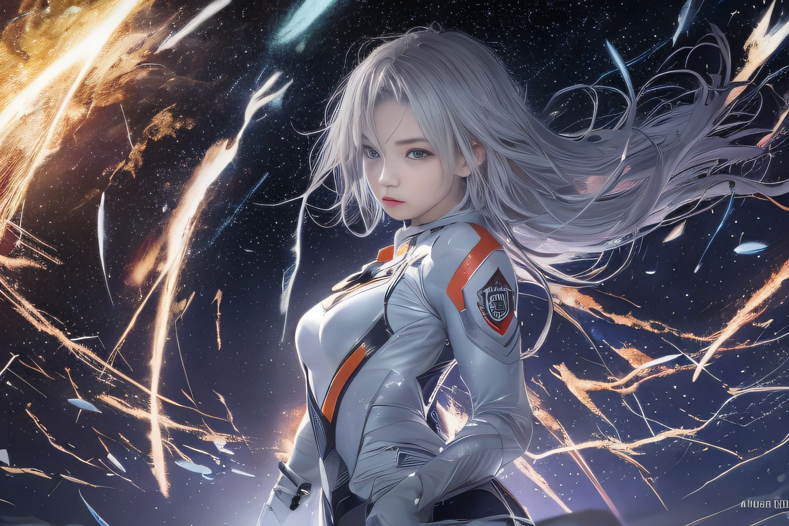 RAW image quality, best image quality, movie lighting, octane rendering, super sharp, 1 girl, Japanese, 16 years old, troubled face, glowing skin, fugitive, running figure, silver hair, short bob hair, Full body white pilot suit:1.3, cyber punk, Night sky with countless stars shining, shining milky way, rain:1.3, Remains, laser beam attack, big explosion:1.3, pillar of fire:1.2, A city engulfed in flames, wet hair:1.5, wet skin:1.5, puddle, fine eyes, Fine skin texture, camel toe, Detailed CG image quality, 8mm fisheye lens, Angle looking up from below:1.2, (whole body angle), Full body soaked, fast shutter speed,