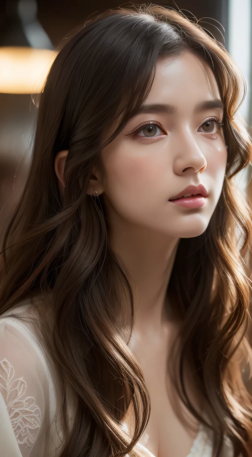 Leaning against the table 서 있는 여자, Detailed photos, CG Society, complex long curly hair, cinematic | | Very lively, discord pfp,Asian features, very pretty model, (compycore:1.2), stupid, rich red, factory, bar counter,(fashion realistic),Twinkle in your eyes,(Leaning against the table),(outside),(outsidedoor bar),(There is a lot of hair),(wavy hair),(Curly hair),(complex colored eyes:1.1),((Intricately detailed eyes)),very detailed, table top, detailed eyes, big bright blindfold:1.2), best quality, (very detailed),Shine with focused eyes:1.2), (cinematic background), ultra detail,(delicate and detailed), (intricate details), octane rendering, nffsw, (ultra detail:1.15), (((fancy))),(soft light:1.2