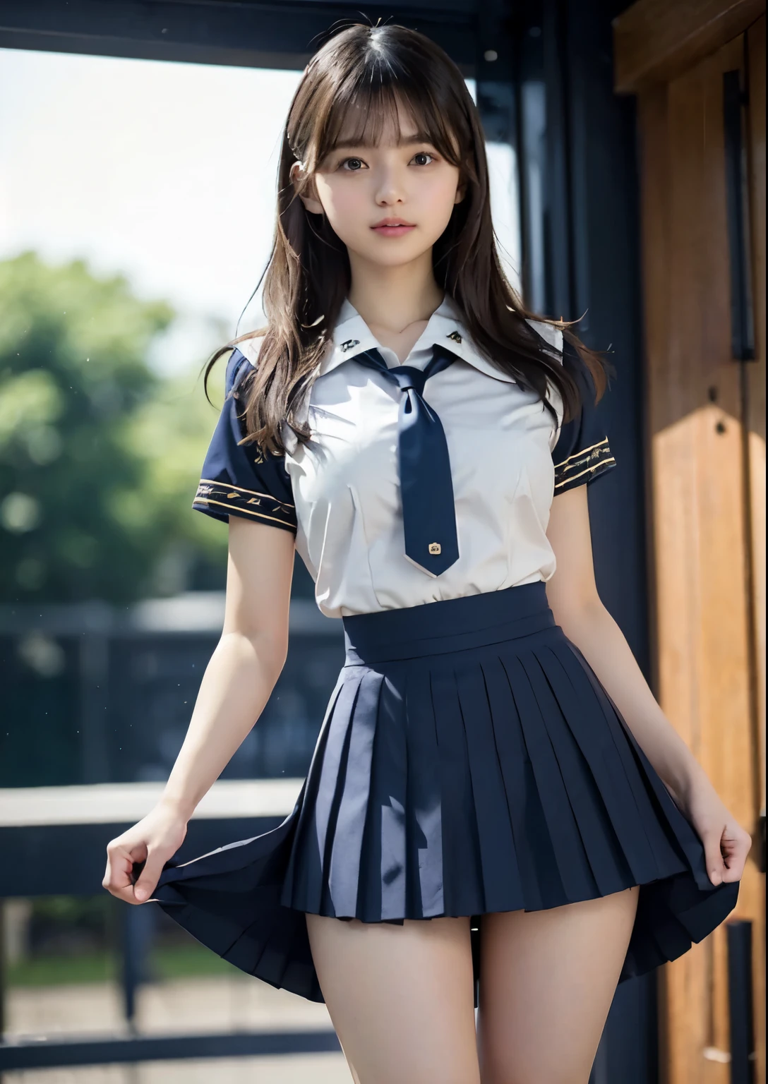 smile、((NSFW))、((camel toe))、((female organ:1.1))、(masterpiece, Highest image quality:1.2), 8k, 15 years old, Super slim slender beautiful girl, (When you lift up the navy blue short skirt, you can see her fully nude lower body.、I can see my crotch:1.8)、short sleeveの白シャツ、I can see your ears、cute face、 body shot、school uniform、 (navy pleated skirt:1.1)、thighs、short sleeve、looking at the photographer、(smile:0.4)、Light shines on the face、clear lighting、background bokeh、(dark red tie:1.1)