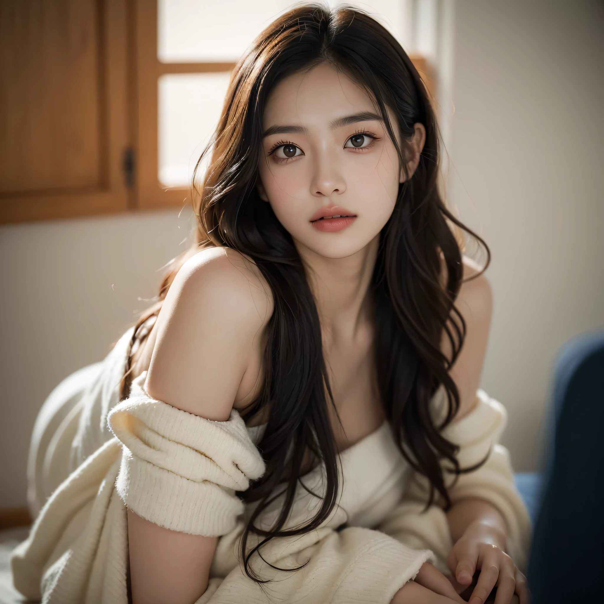 film portrait photography, 1girl, bare shoulders, wavy shoulder-length hair, serene, calm, (realistic detailed eyes, natural skin texture, realistic face details), soft dramatic lighting, depth of field, bokeh, vibrant details, finely detailed, hyperrealistic, 35mm film, hazy blur