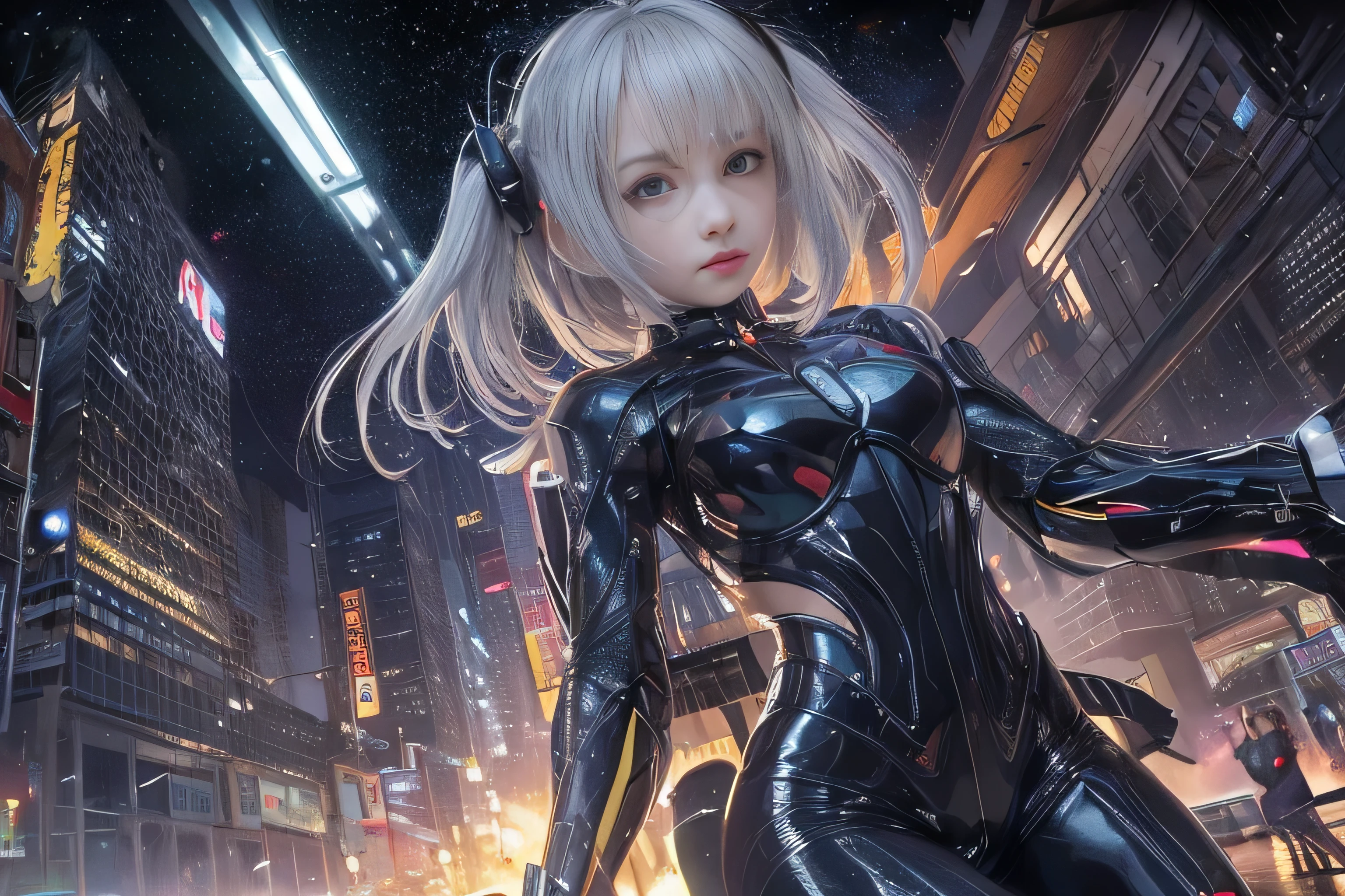 RAW image quality, best image quality, movie lighting, octane rendering, super sharp, 1 girl, Japanese, , troubled face, glowing skin, fugitive, running figure, silver hair, short bob hair, Full body white pilot suit:1.3, cyber punk, Night sky with countless stars shining, shining milky way, rain:1.3, Remains, laser beam attack, big explosion:1.3, pillar of fire:1.2, A city engulfed in flames, wet hair:1.5, wet skin:1.5, puddle, fine eyes, Fine skin texture, camel toe, Detailed CG image quality, 8mm fisheye lens, Angle looking up from below:1.2, (whole body angle), Full body soaked, fast shutter speed,