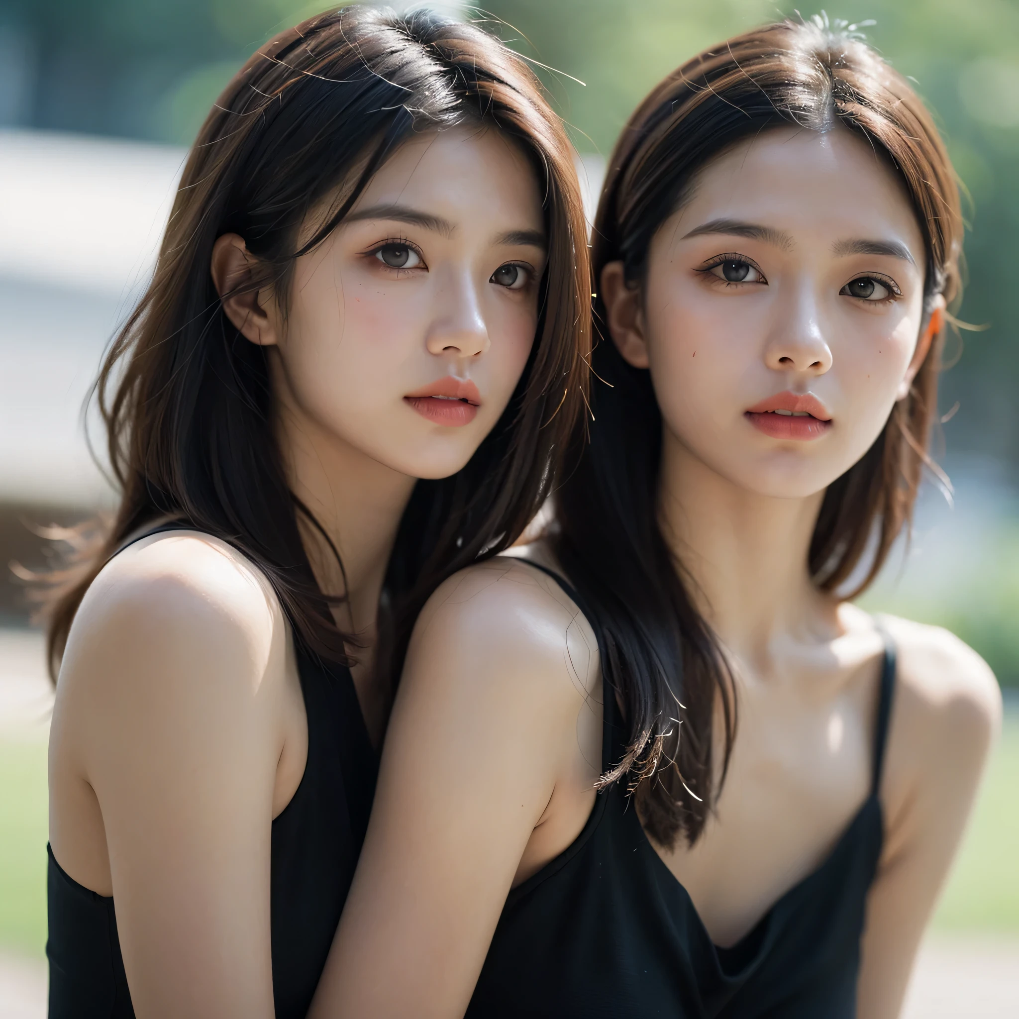 film portrait photography, 1girl, ???? shoulders, wavy shoulder-length hair, serene, calm, (realistic detailed eyes, natural skin texture, realistic face details), soft dramatic lighting, depth of field, bokeh, vibrant details, finely detailed, hyperrealistic, 35mm film, hazy blur