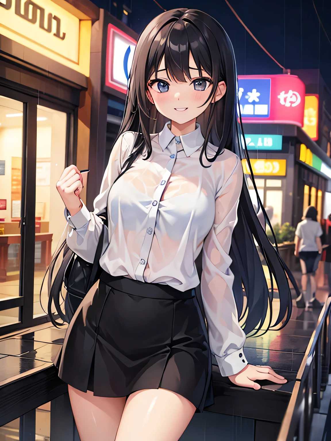 (1) A woman takes shelter from the rain in front of a store., But the cutter shirt is wet、The black bra is clearly transparent.
(2) She is wearing a white cutter shirt and a black long skirt.
(3) she has long black hair.
(4) she has a provocative personality, a smiling expression on her face.
(5) She is 26 years old and looks mature..
(6) The location is outside the bar area on a rainy night.