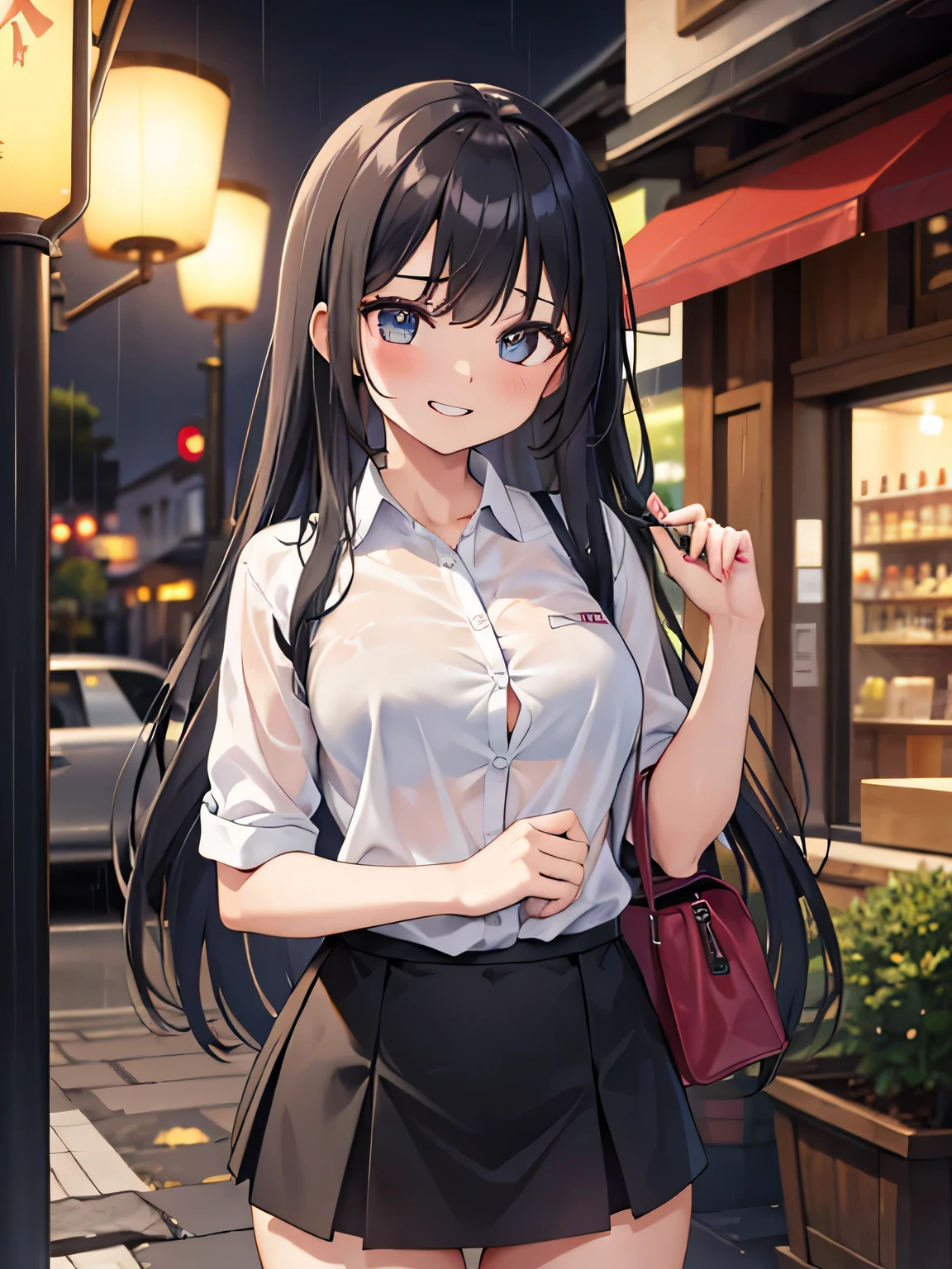 (1) A woman takes shelter from the rain in front of a store., But the cutter shirt is wet、The black bra is clearly transparent.
(2) She is wearing a white cutter shirt and a black long skirt.
(3) she has long black hair.
(4) she has a provocative personality, a smiling expression on her face.
(5) She is 26 years old and looks mature..
(6) The location is outside the bar area on a rainy night.