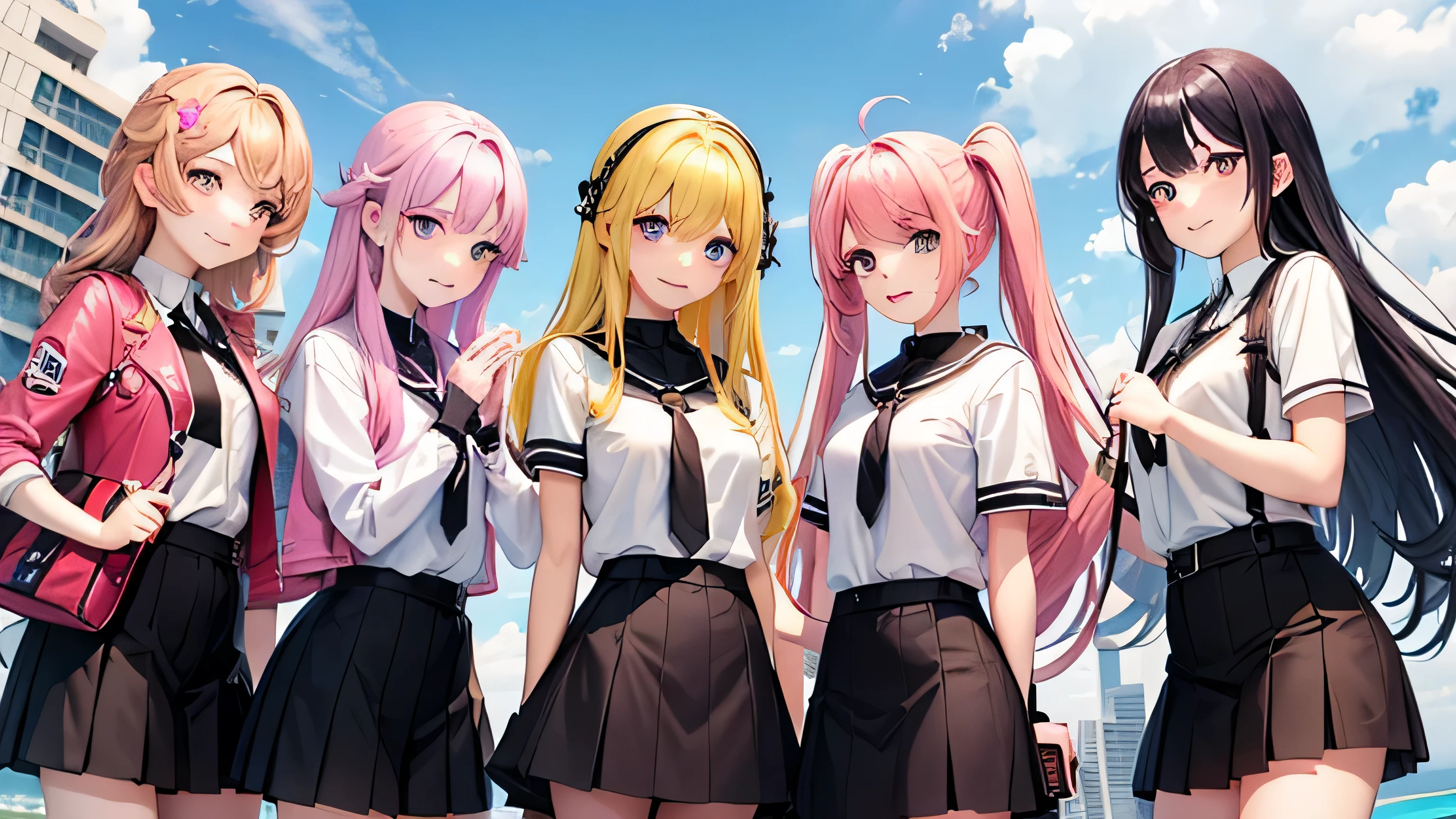 group of five beautiful girls、Each tomboyish girl、cheeky girl、Twin-tailed girl with pink hair、black hair cool beauty、blonde smiling girl