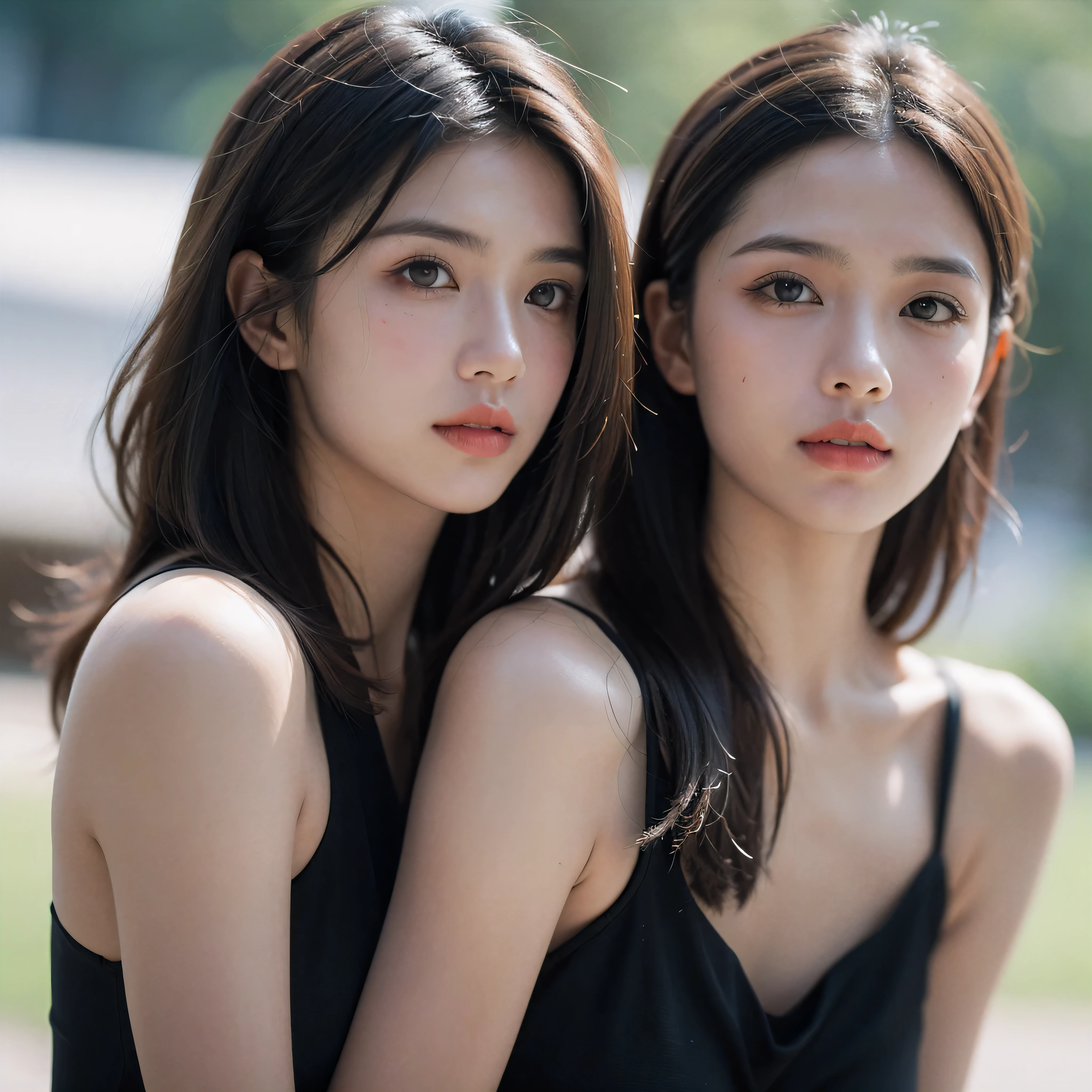 film portrait photography, 1girl, bare shoulders, wavy shoulder-length hair, serene, calm, (realistic detailed eyes, natural skin texture, realistic face details), soft dramatic lighting, depth of field, bokeh, vibrant details, finely detailed, hyperrealistic, 35mm film, hazy blur