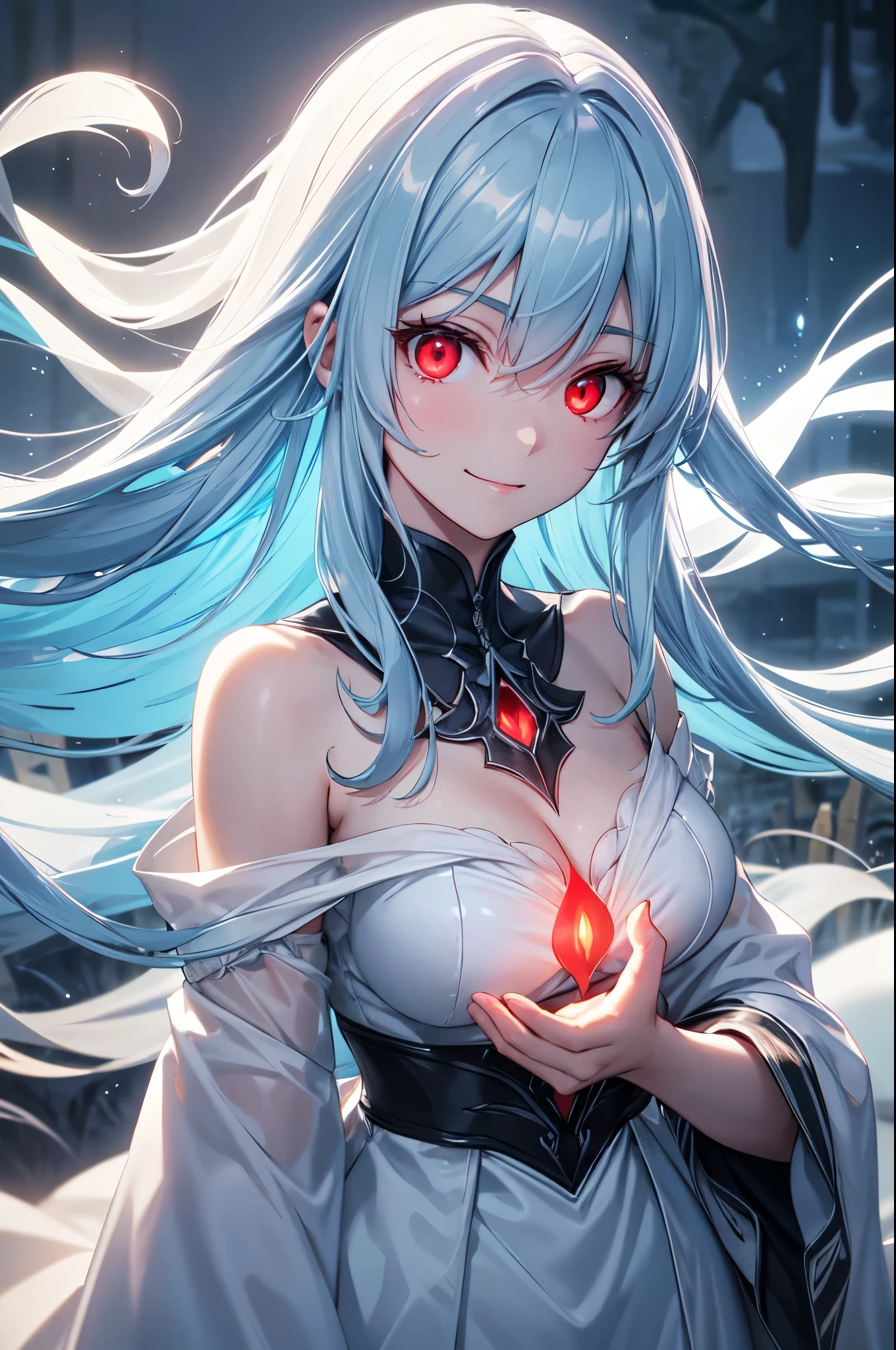 (High quality, High resolution, Fine details), (ghostly figure), (ethereal presence), (transparent figure), hauntingly beautiful woman, flowing white dress, long flowing hair, wisps of fog surrounding her, eerie atmosphere, moonlit night, misty graveyard, spectral glow, spectral silhouette, solo, curvy women, BREAK light blue hair, BREAK (Glowing red Eyes:1.2), (Detailed eyes:1.2), smile, shallow depth of field