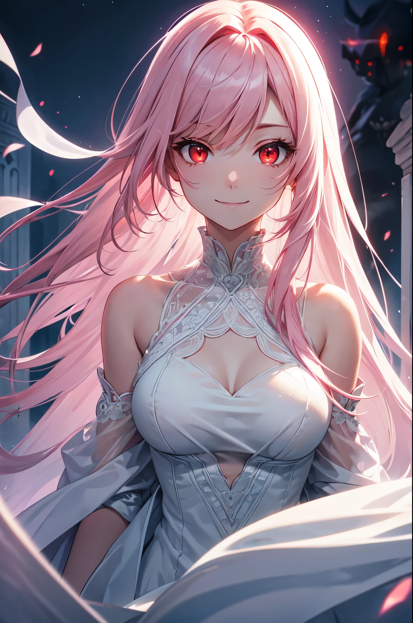 (High quality, High resolution, Fine details), (ghostly figure), (ethereal presence), (transparent figure), hauntingly beautiful woman, flowing white dress, long flowing hair, wisps of fog surrounding her, eerie atmosphere, moonlit night, misty graveyard, spectral glow, spectral silhouette, solo, curvy women, BREAK light pink hair, BREAK (Glowing red Eyes:1.2), (Detailed eyes:1.2), smile, shallow depth of field