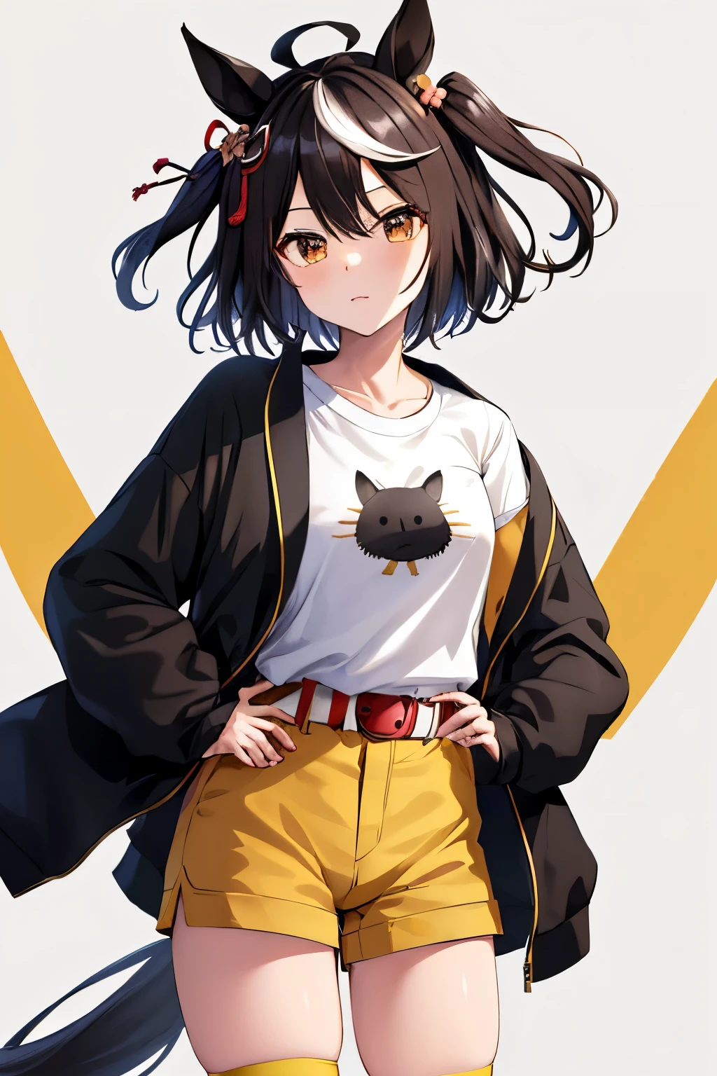 masterpiece, highest quality, High resolution, bbkita-san, animal ears, short hair, striped hair, hair ornaments, horse tail, casual, clavicle, black jacket, white shirt, printed shirt, belt, yellow shorts, black stockings, old, cowboy shot, Are standing,