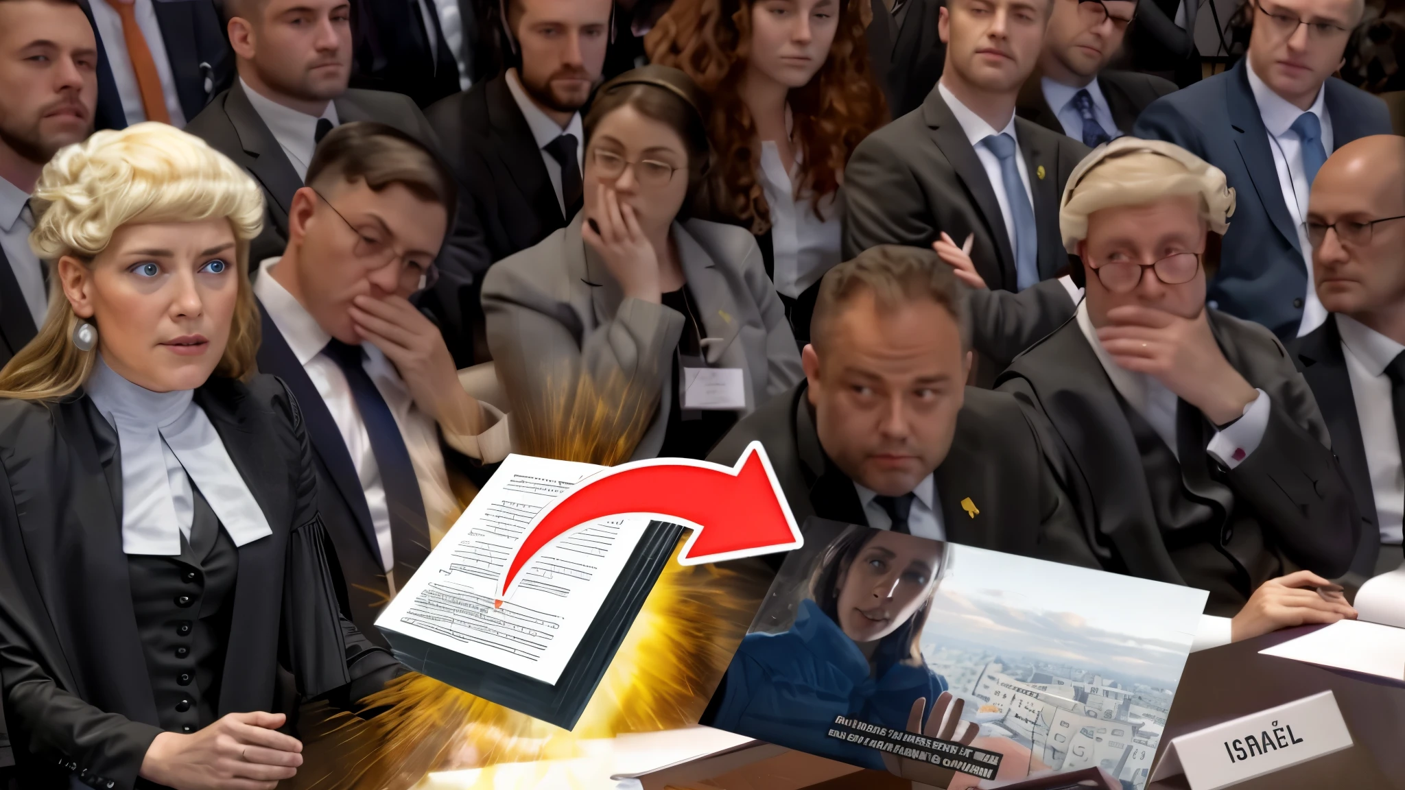 A woman wearing a judge's wig is standing at a podium at the Hague. She is beautiful with beautiful blue eyes. She is speaking and there are people sitting behind her.