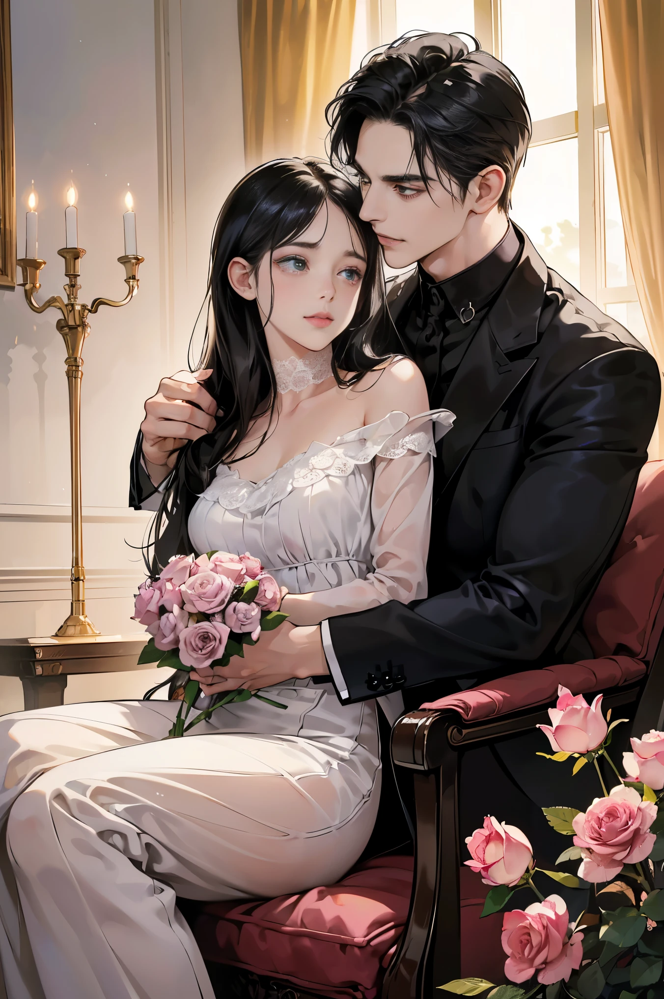 (table top, digital art, digital illustration, 4K, 8 thousand, very detailed, beautiful pictures, clear image, realistic, RAW photos, perfect face, perfect line, perfect eyes, soft lighting) 1 woman, (long black hair, straight hair, an optimistic outlook, beauty, wow, mode system, one piece, solid makeup, 23 year old girl,:1.3), Two handsome men in suits, (human, Man in a suit, muscular, Shoulder width is solid., adult male, boyish hairstyle, british gentleman style, A man in his 30s with a cool expression, A 28-year-old man with a bright smile:1.2), classic style furniture, antique clamps, antique chair, chandelier, Crystal glass, Luxury, Fantastic light, marble fireplace, (embarrassing from, shy smile, bouquet of pink roses:1.2), antique sofa, leather sofa, Crying face, cry out of frustration, beautiful tears、the kiss、kiss、couple、couple kiss ing、romance、sex、have sexual intercourse、wet pubic area、insert 、rape、flood、Full-body painting, (one girl and one man, Having sex:1.5), (human, adult male, girl rubbing&#39;of :1.2), cheek dye、panting face、embarrassing、boredom、begging、unhappy、greedy expression, wet pubic area、 insert、open your crotch wide、cowgirl、fluttering、wet shirt、sheer black lace underwear、Take off your underwear、