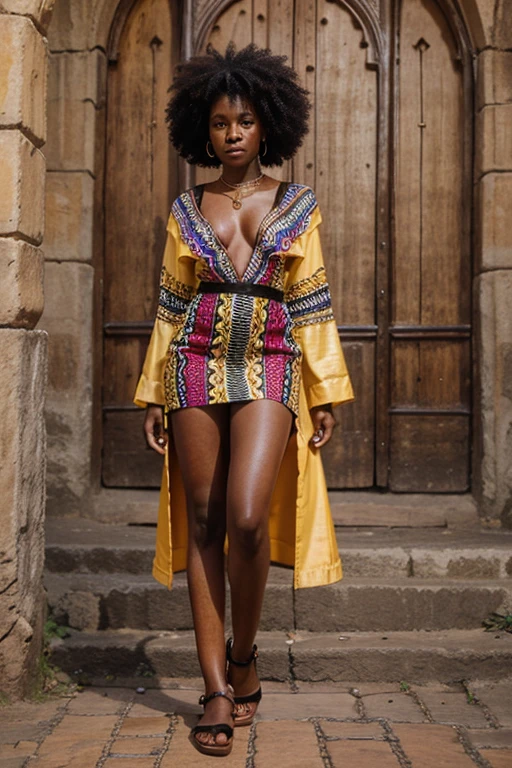 mulher negra cabelo afro, dressed in an abbey of the colors of Africa, wearing leather slippers
