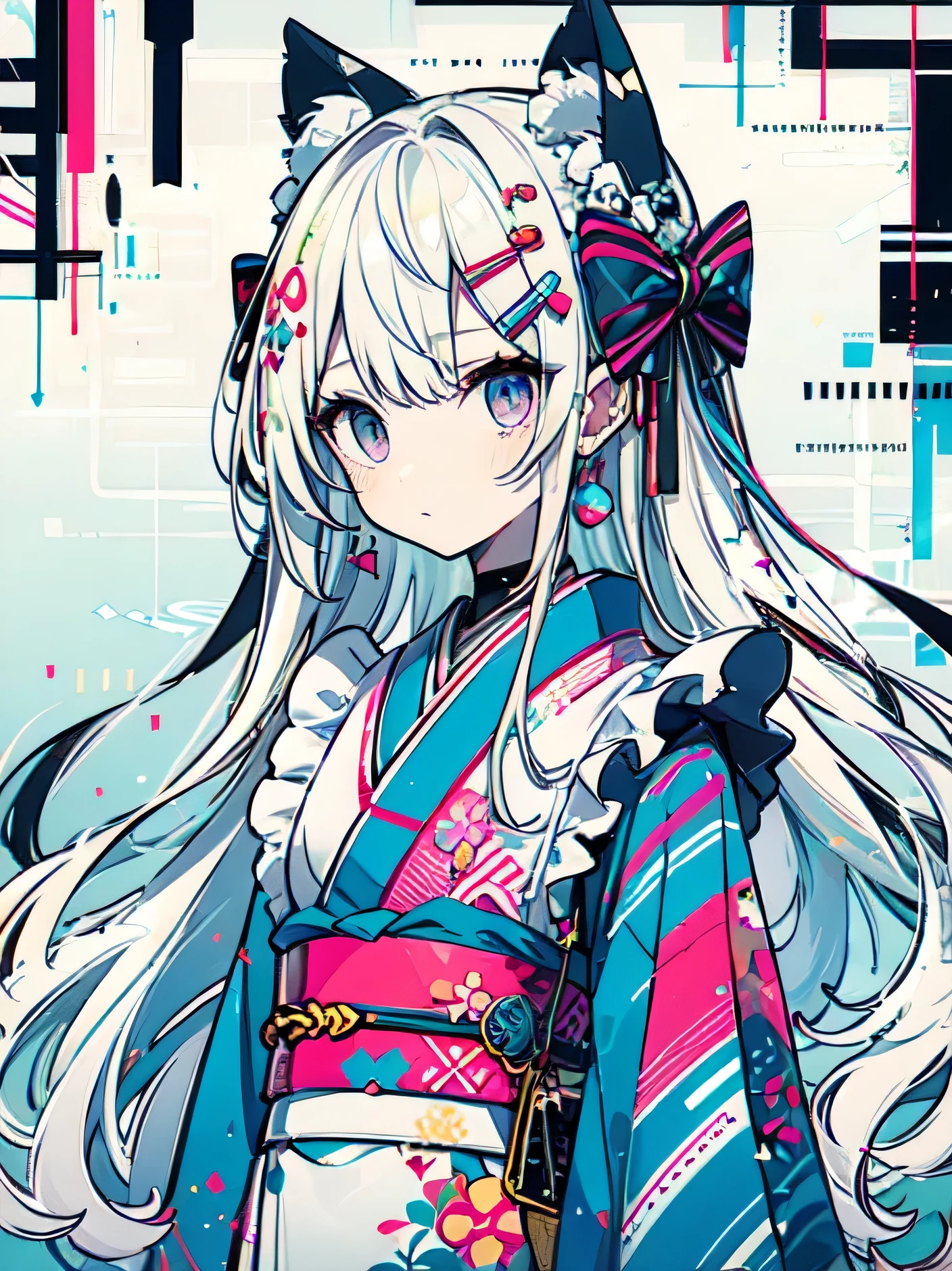 long white hair。Cold personality。Light blue kimono maid outfit。Clothes have purple lines。