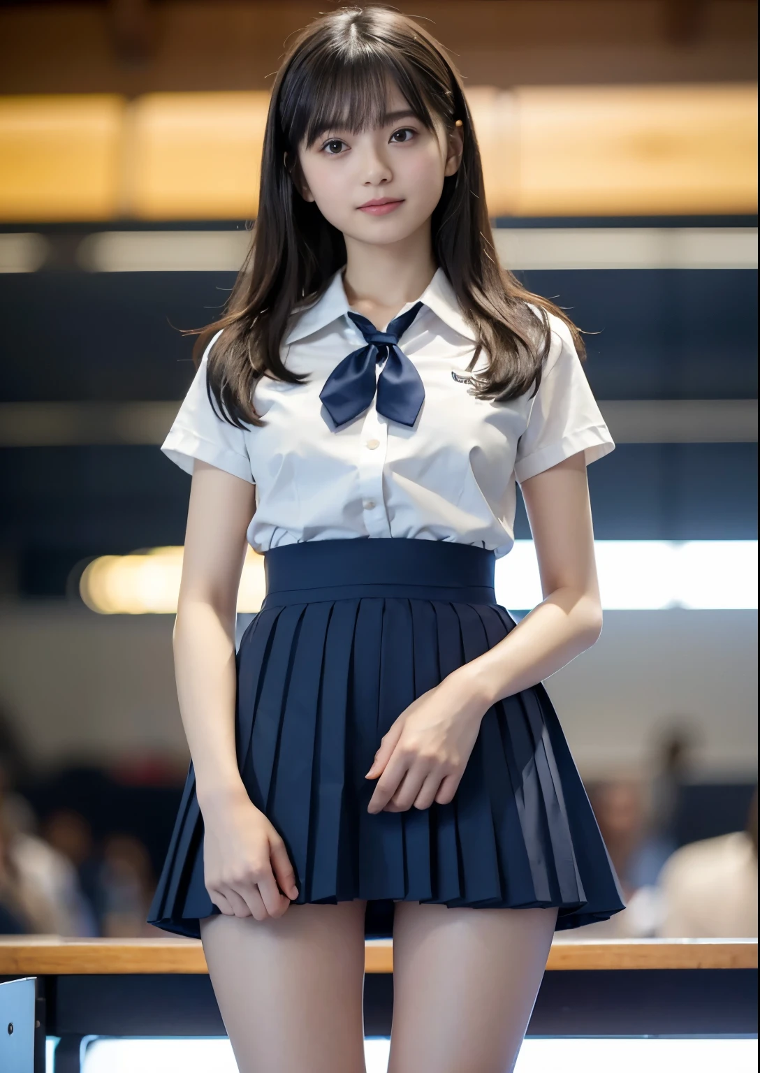 smile、((NSFW))、((camel toe))、((female organ:1.1))、(masterpiece, best image quality:1.2), 8k, , Super slim slender beautiful girl, (When I lift up my short navy blue skirt, You can see her naked lower body.、I can see your crotch:1.8)、short sleeveの白シャツ、I can see your ears、cute face、 body shot、school uniform、 (navy pleated skirt:1.1)、thighs、short sleeve、looking at the cameraman、(smile:0.4)、light shines on your face、clear lighting、background bokeh、(dark red tie:1.1)