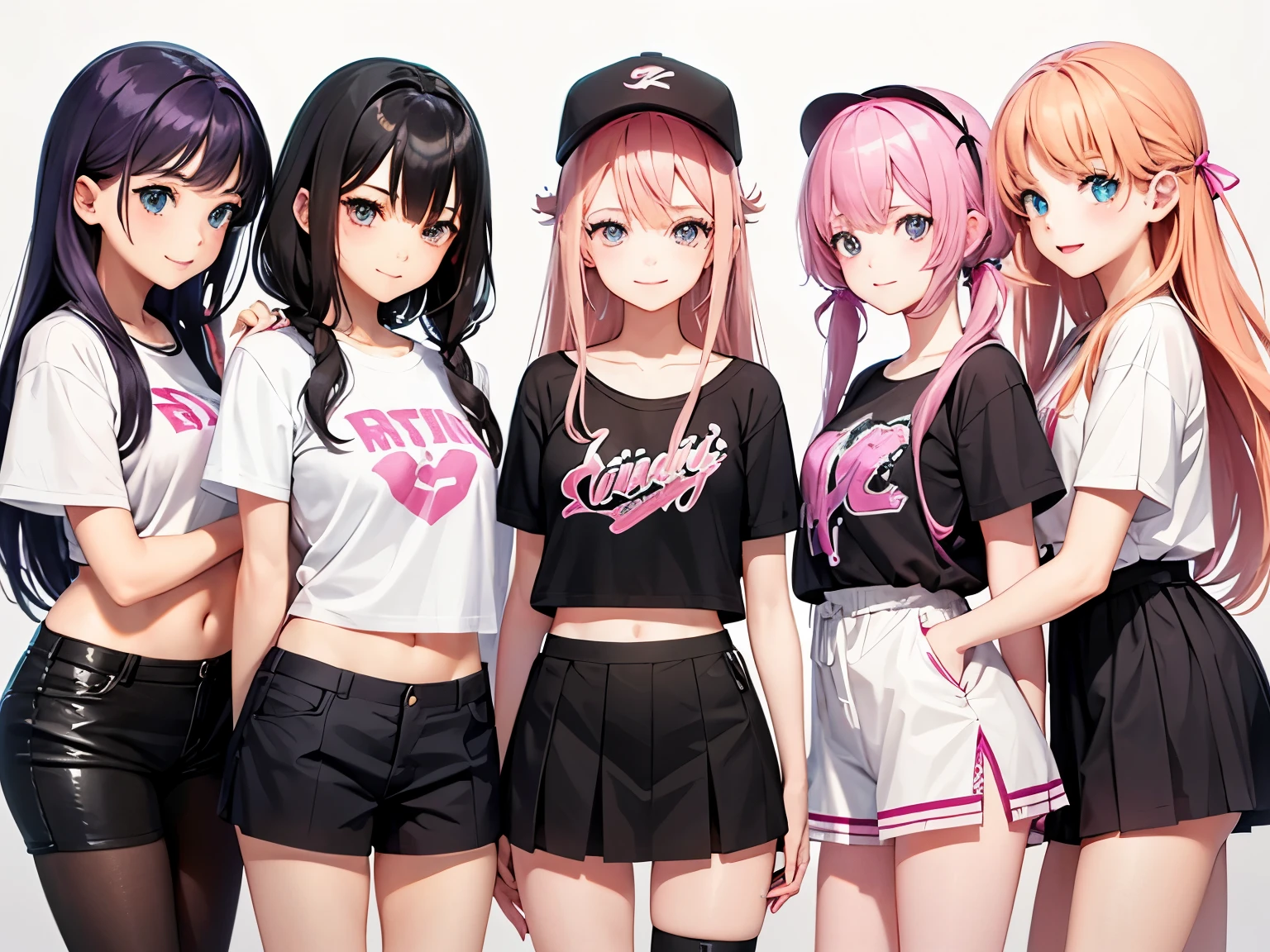 Group of 5 beautiful girls、Each tomboyish girl、Cocky Girl、Twin-tailed girl with pink hair、black hair cool beauty、blonde smiling girl