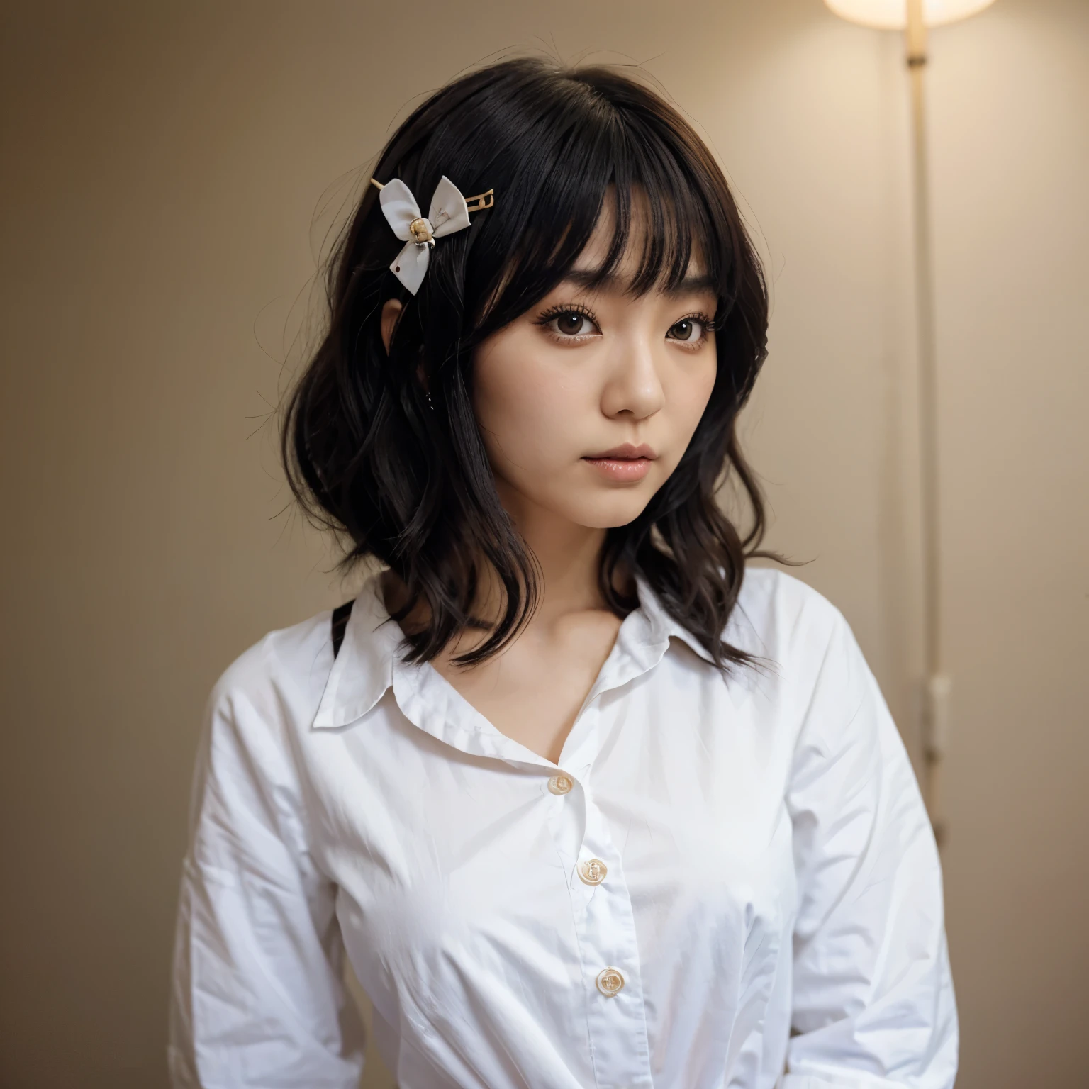 Japanese female with black, shortly cut, hair with curled ends. Wearing dolly makeup style and kawaii pins on hair. Wearing a Loose white shirt