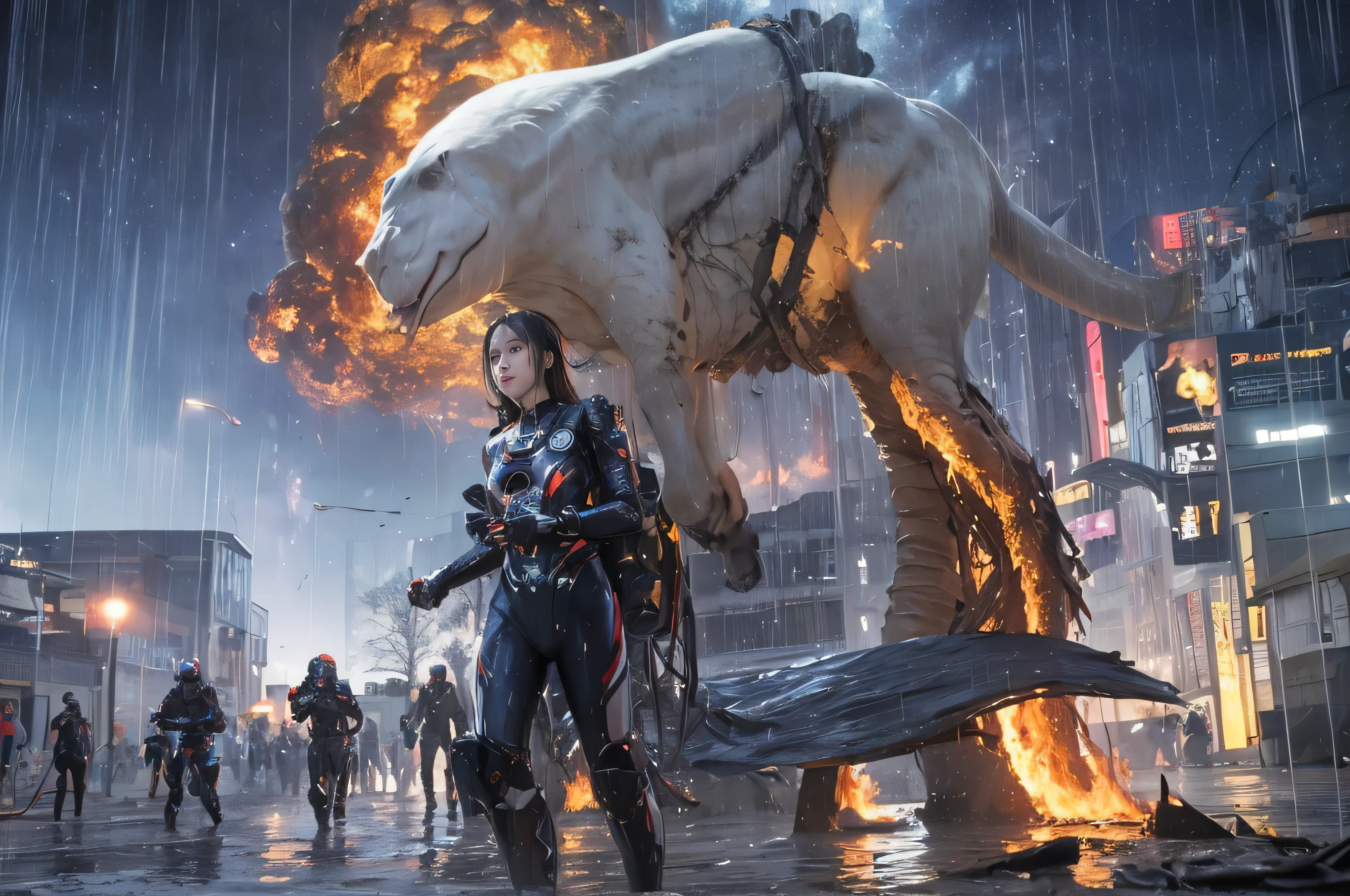 (RAW image quality:1.4), best image quality, movie lighting, octane rendering, super sharp, 1 girl, Japanese, , troubled face, glowing skin, fugitive running away, (run as fast as possible), silver hair, short bob hair, Full body white pilot suit:1.3, cyber punk, Night sky with countless stars shining, shining milky way, rain:1.3, Remains, laser beam attack, big explosion:1.3, pillar of fire:1.2, A city engulfed in flames, wet hair:1.5, wet skin:1.5, puddle, fine eyes, Fine skin texture, camel toe, Detailed CG image quality, 8mm fisheye lens, Angle looking up from below:1.2, (whole body angle), Full body soaked, fast shutter speed,