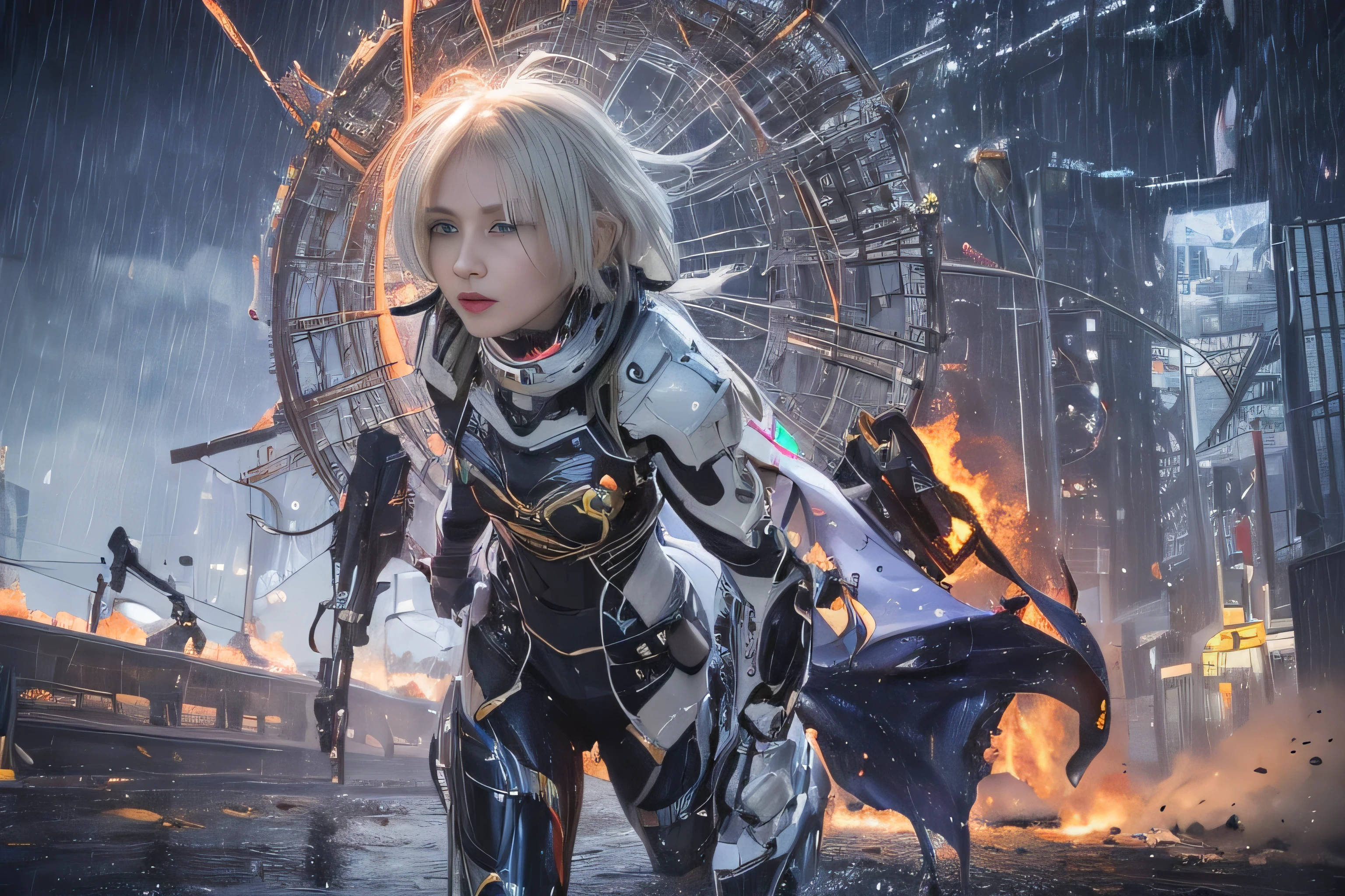 (RAW image quality:1.4), best image quality, movie lighting, octane rendering, super sharp, 1 girl, Japanese, 16 years old, troubled face, glowing skin, fugitive running away, (run as fast as possible), silver hair, short bob hair, Full body white pilot suit:1.3, cyber punk, Night sky with countless stars shining, shining milky way, rain:1.3, Remains, laser beam attack, big explosion:1.3, pillar of fire:1.2, A city engulfed in flames, wet hair:1.5, wet skin:1.5, puddle, fine eyes, Fine skin texture, camel toe, Detailed CG image quality, 8mm fisheye lens, Angle looking up from below:1.2, (whole body angle), Full body soaked, fast shutter speed,