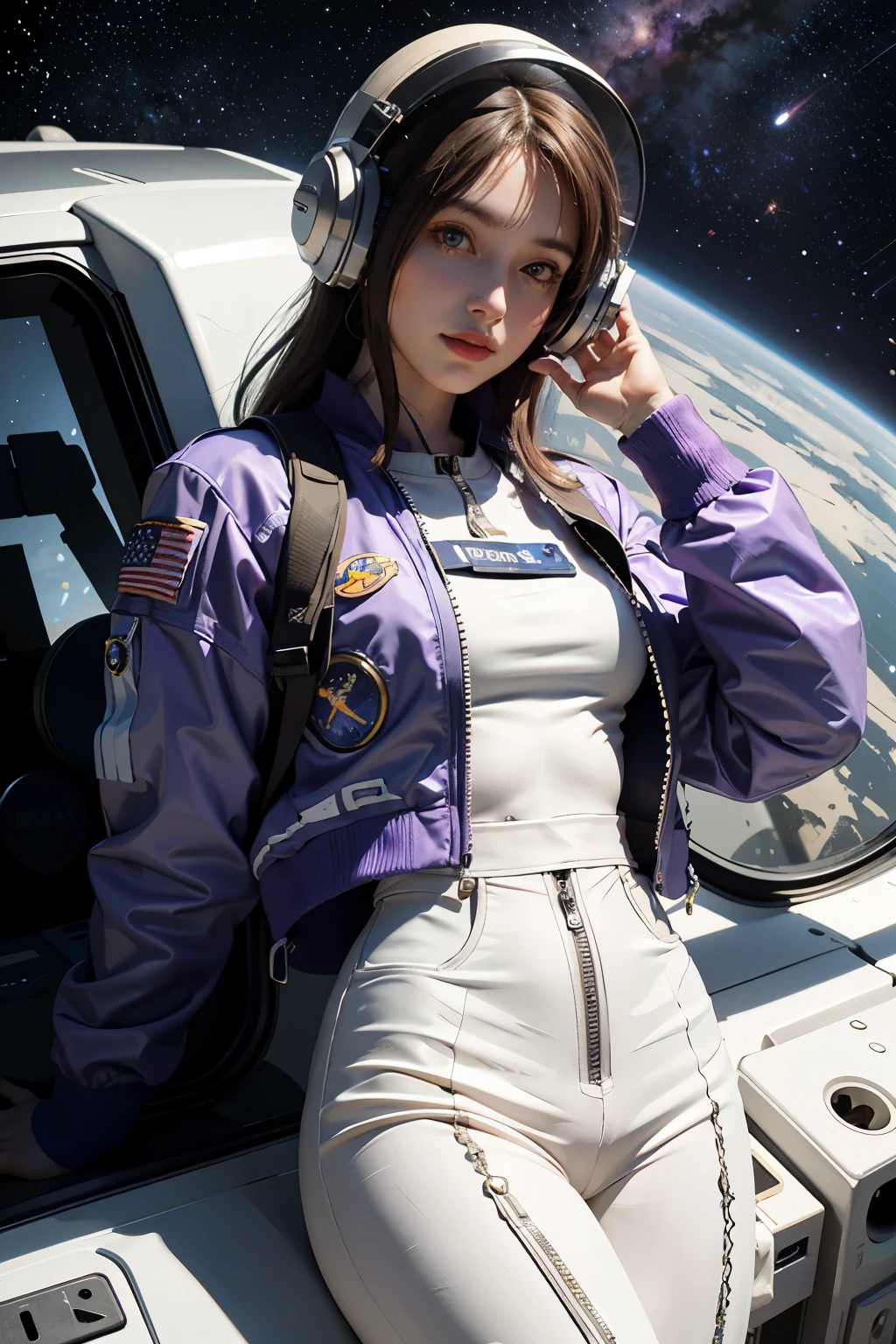 (RAW photo, best quality), (realistic, photo-realistic:1.3), best quality, highly detailed, masterpiece, ultra-detailed, illustration, 1 girl, upper body and lower body, dynamic angle, space scene, astronaut suit, white shirt, black pants, purple jacket, space helmet

A captivating astronaut girl, her white shirt contrasting sharply against the black pants, adorned with a vibrant purple jacket. Donning a space helmet, she confidently poses in a high-definition illustration in 4K resolution, overflowing with realistic and photo-realistic details. The upper body and lower body are both in the shot, giving