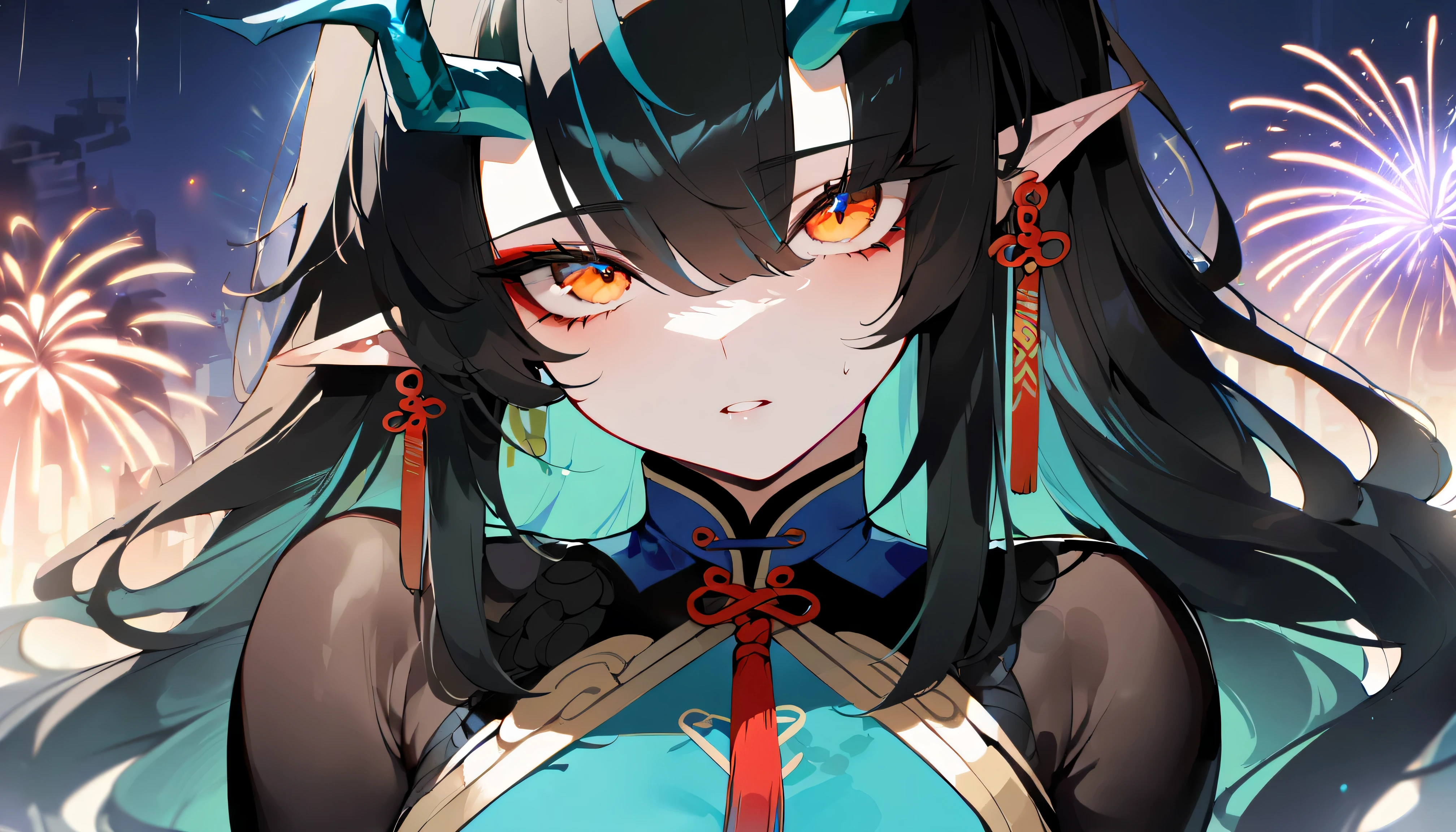 1 girl, twilight \(it&#39;s all a miracle\) \(arknights\), arknightasterpiece, Best quality), newest, ,turquoise chinese dress, Original outfit, , from the nanny, black hair, horns, author: omone hokoma agm, , night, fireworks, orange eyes,detailed eyes, Perfect eyes, close-up