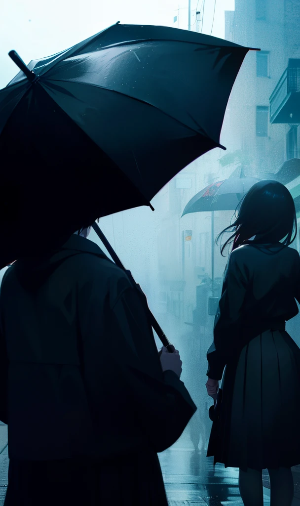 Back of a girl in blakc skirt and black shirt walking away holding and being covered by an umbrella