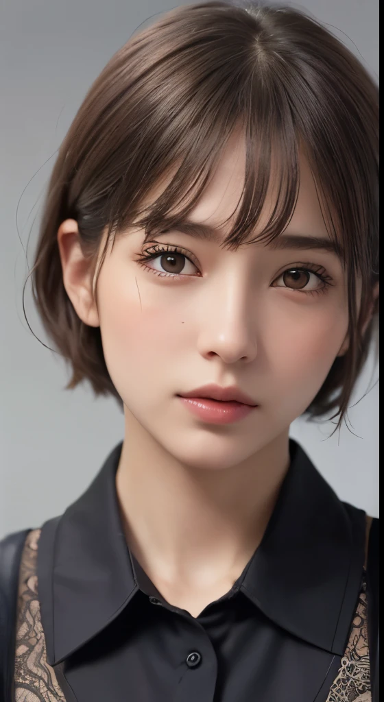 (photograph:1.2)、(photorealistic:1.3)、(masterpiece:1.3)、(Highest image quality:1.4)、ultra high resolution、(detailed eyes)、(detailed facial features)、(Detailed garment features)、8K resolution、solo focus、30 year old mature woman、small face、no makeup、Detailed beautiful eyes、bangs、dark brown hair、short cut hair、(realistic skin)、beautiful skin、charming、ultra high resolution、Super realistic、High definition、Camisa branca aberta,middlebre、small breasts、bust B cup、small breasts、cool beauty、Gray background、