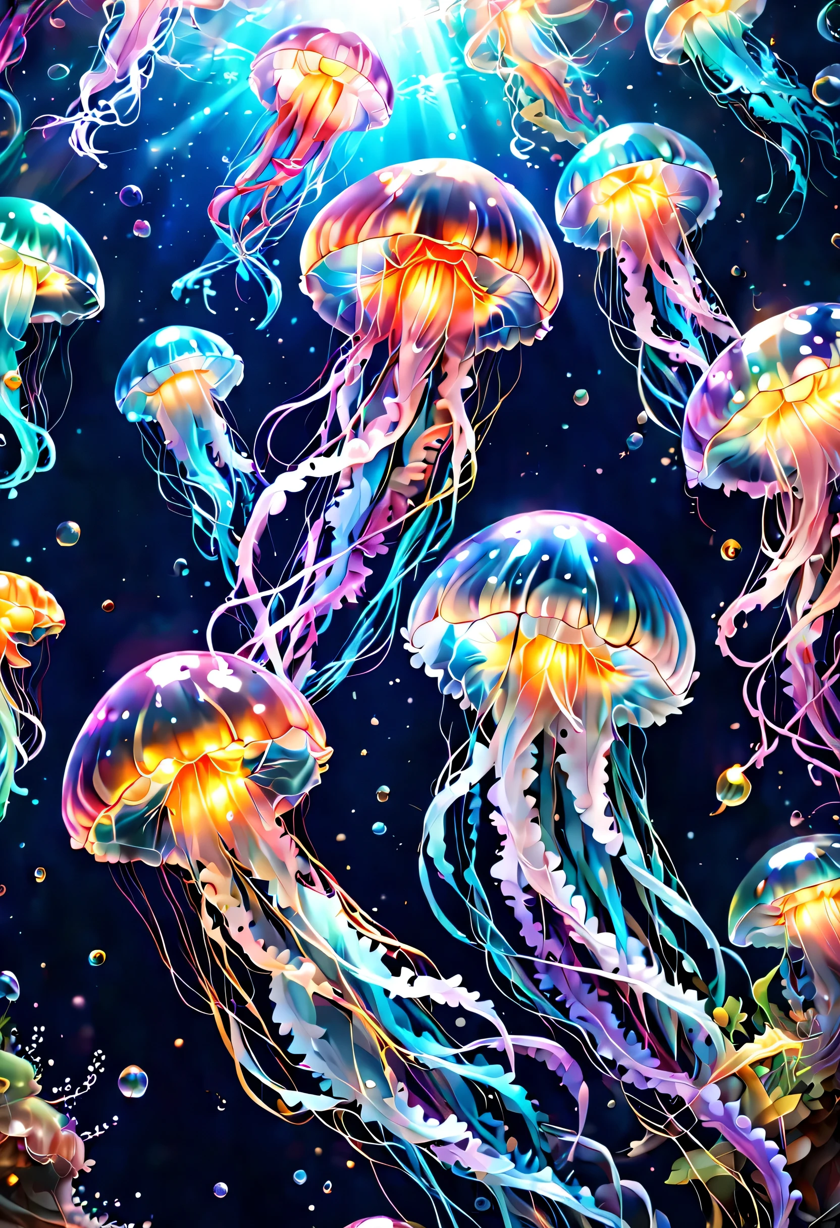 星の海の中を泳ぐ半透明のjellyfishを描きます,digital art,fantasy,beautiful星雲の背景,rich colors,colorfulな呪文を唱える,flash,とてもflash,さらにflash,ほのかに光るjellyfish,light from below,beautiful光と影,Magic,dream-like,Inspiration,pleura,beautiful,rendering,colorful,wonderful,particles of light,be familiar with,masterpiece,最高masterpiece,Art work using light,Artistic,be familiar with,dynamic,discharge,electrification,Wind,jellyfish,Transparency,透けるjellyfish