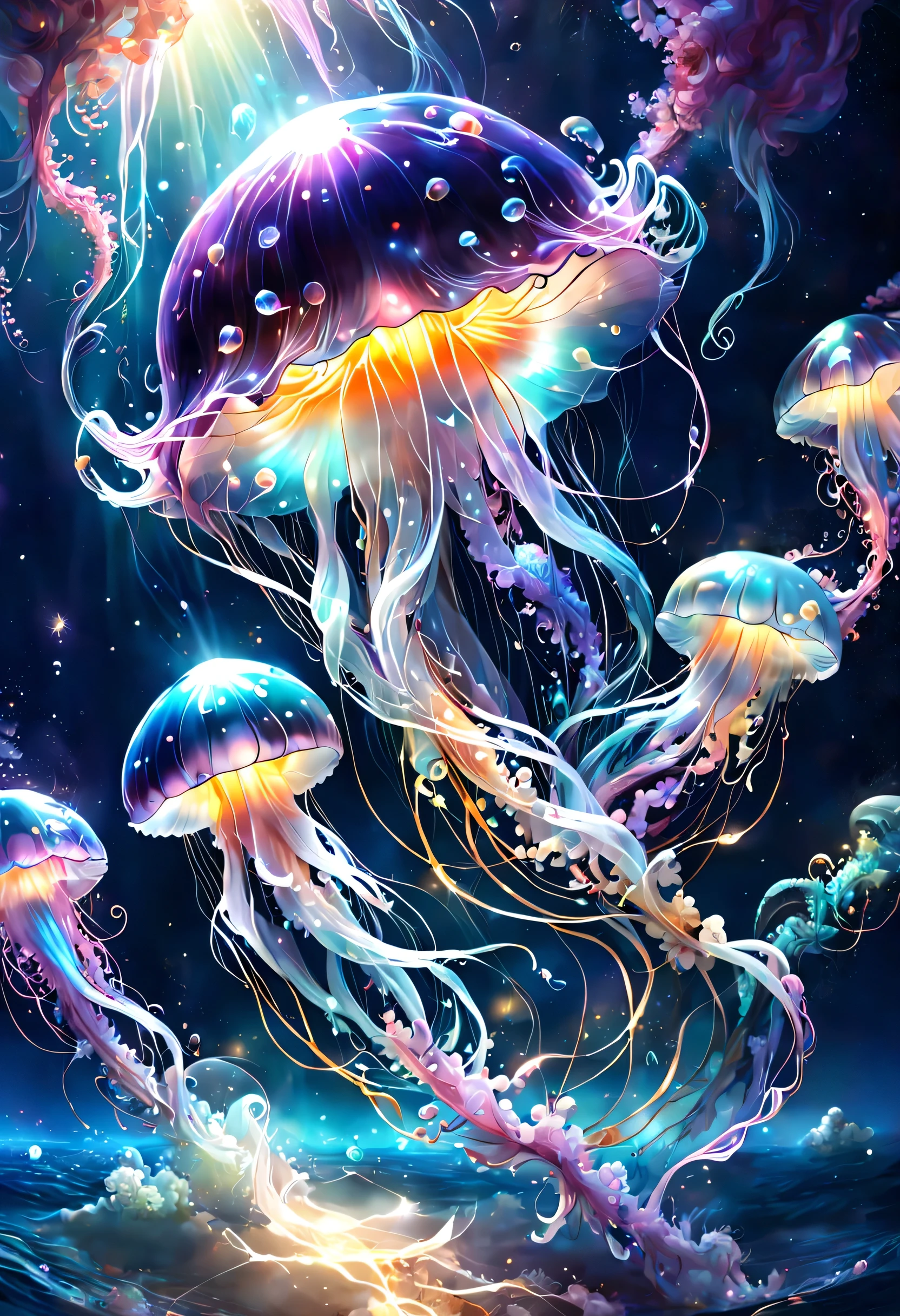 Draw a translucent jellyfish swimming in a sea of stars,digital art,fantasy,beautiful星雲の背景,rich colors,colorfulな呪文を唱える,flash,とてもflash,さらにflash,A faintly glowing jellyfish,light from below,beautiful光と影,Magic,dream-like,Inspiration,pleura,beautiful,rendering,colorful,wonderful,particles of light,be familiar with,masterpiece,最高masterpiece,Art work using light,Artistic,be familiar with