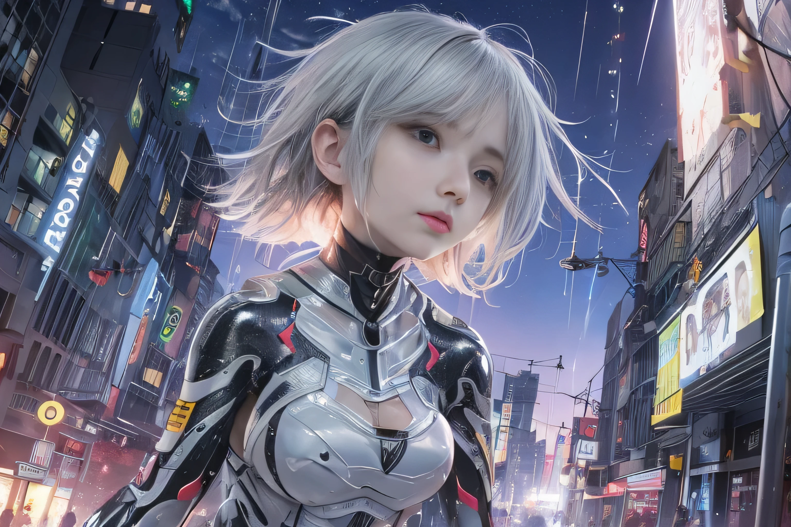 (RAW image quality:1.4), best image quality, movie lighting, octane rendering, super sharp, 1 girl, Japanese, , troubled face, glowing skin, fugitive running away, (run as fast as possible), silver hair, short bob hair, Full body white pilot suit:1.3, cyber punk, Night sky with countless stars shining, shining milky way, rain:1.3, Remains, laser beam attack, big explosion:1.3, pillar of fire:1.2, A city engulfed in flames, wet hair:1.5, wet skin:1.5, puddle, fine eyes, Fine skin texture, camel toe, Detailed CG image quality, 8mm fisheye lens, Angle looking up from below:1.2, (whole body angle), Full body soaked, fast shutter speed,