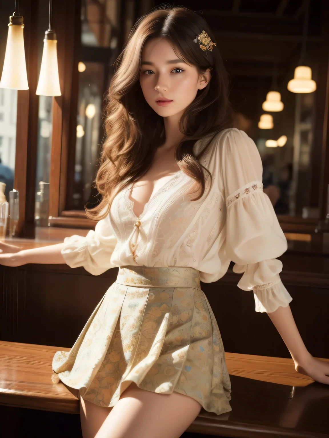 Leaning against the table 서 있는 여자, Detailed photos, CG Society, complex long curly hair, cinematic | | Very lively, discord pfp,Asian features, very pretty model, (compycore:1.2), stupid, rich red, factory, bar counter,(fashion realistic),Twinkle in your eyes,(Leaning against the table),(outside),(outsidedoor bar),(There is a lot of hair),(wavy hair),(Curly hair),(complex colored eyes:1.1),((Intricately detailed eyes)),very detailed, table top, detailed eyes, big bright blindfold:1.2), best quality,  (very detailed),Shine with focused eyes:1.2), (cinematic background), ultra detail,(delicate and detailed), (intricate details), octane rendering, nffsw, (ultra detail:1.15), (((fancy))),(soft light:1.2, mini skirt