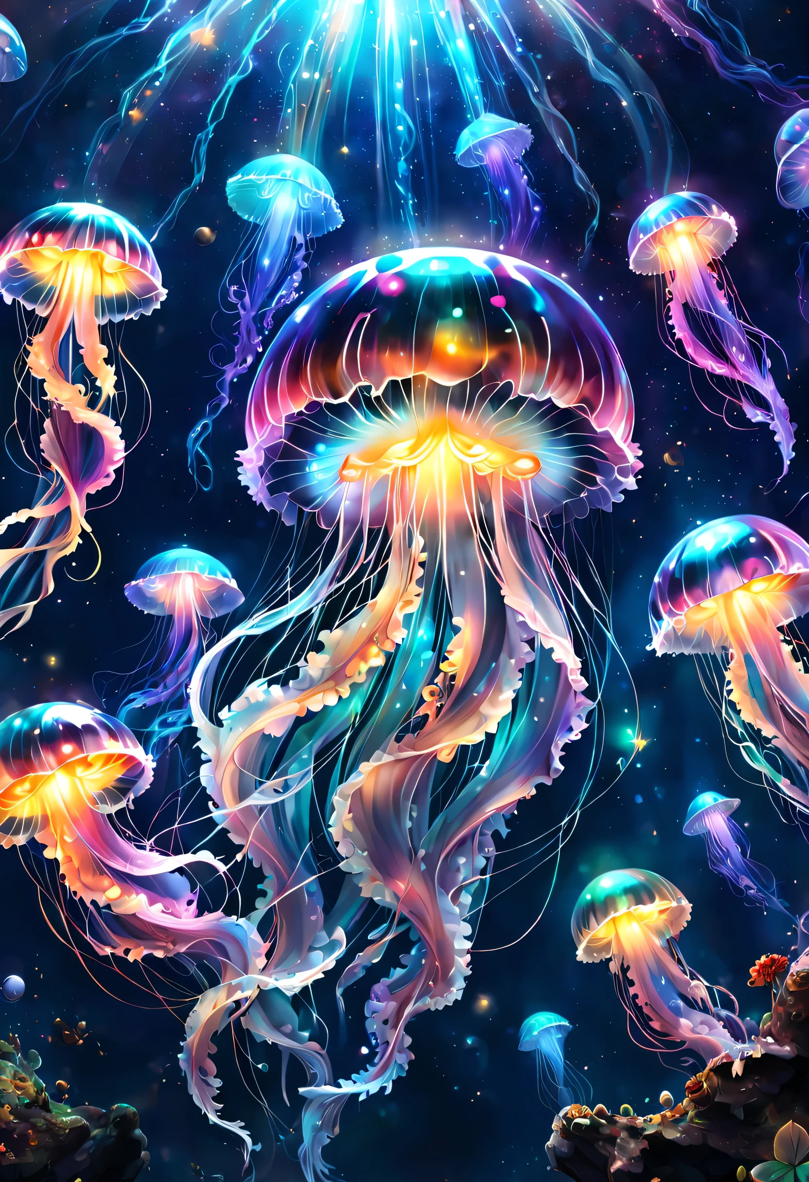 Draw a translucent jellyfish swimming in a sea of stars,digital art,fantasy,beautiful星雲の背景,rich colors,colorfulな呪文を唱える,flash,とてもflash,さらにflash,A faintly glowing jellyfish,light from below,beautiful光と影,Magic,dream-like,Inspiration,pleura,beautiful,rendering,colorful,wonderful,particles of light,be familiar with,masterpiece,最高masterpiece,Art work using light,Artistic,be familiar with