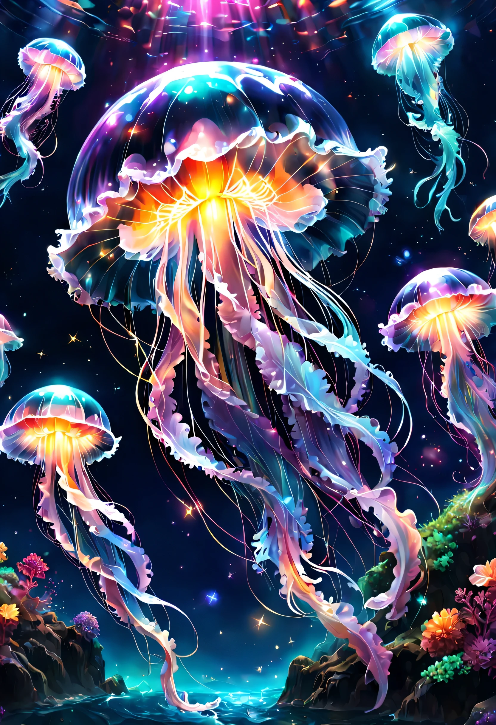 Draw a translucent jellyfish swimming in a sea of stars,digital art,fantasy,beautiful星雲の背景,rich colors,colorfulな呪文を唱える,flash,とてもflash,さらにflash,A faintly glowing jellyfish,light from below,beautiful光と影,Magic,dream-like,Inspiration,pleura,beautiful,rendering,colorful,wonderful,particles of light,be familiar with,masterpiece,最高masterpiece,Art work using light,Artistic,be familiar with