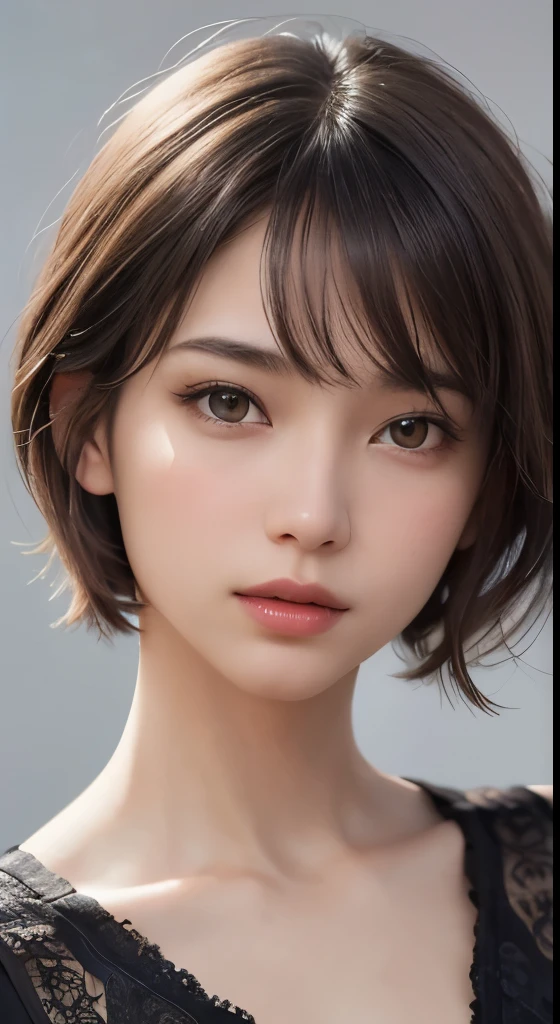 (photograph:1.2)、(photorealistic:1.3)、(masterpiece:1.3)、(Highest image quality:1.4)、ultra high resolution、(detailed eyes)、(detailed facial features)、(Detailed garment features)、8K resolution、solo focus、30 year old mature woman、small face、no makeup、Detailed beautiful eyes、bangs、dark brown hair、short cut hair、(realistic skin)、beautiful skin、charming、ultra high resolution、Super realistic、High definition、Camisa branca aberta,middlebre、small breasts、bust B cup、small breasts、cool beauty、Gray background、